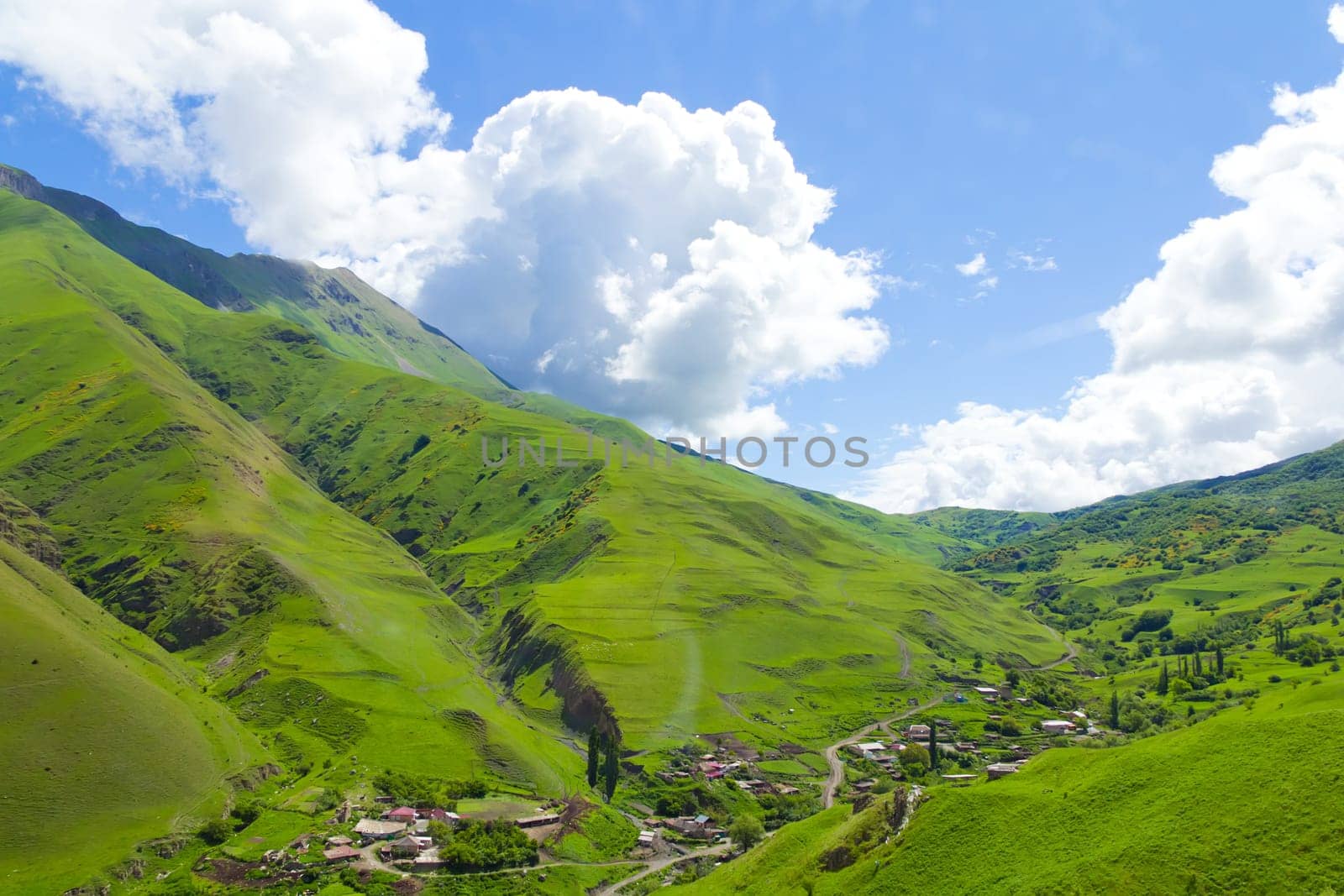 Summer landscape with Russian Caucasus green mountains
