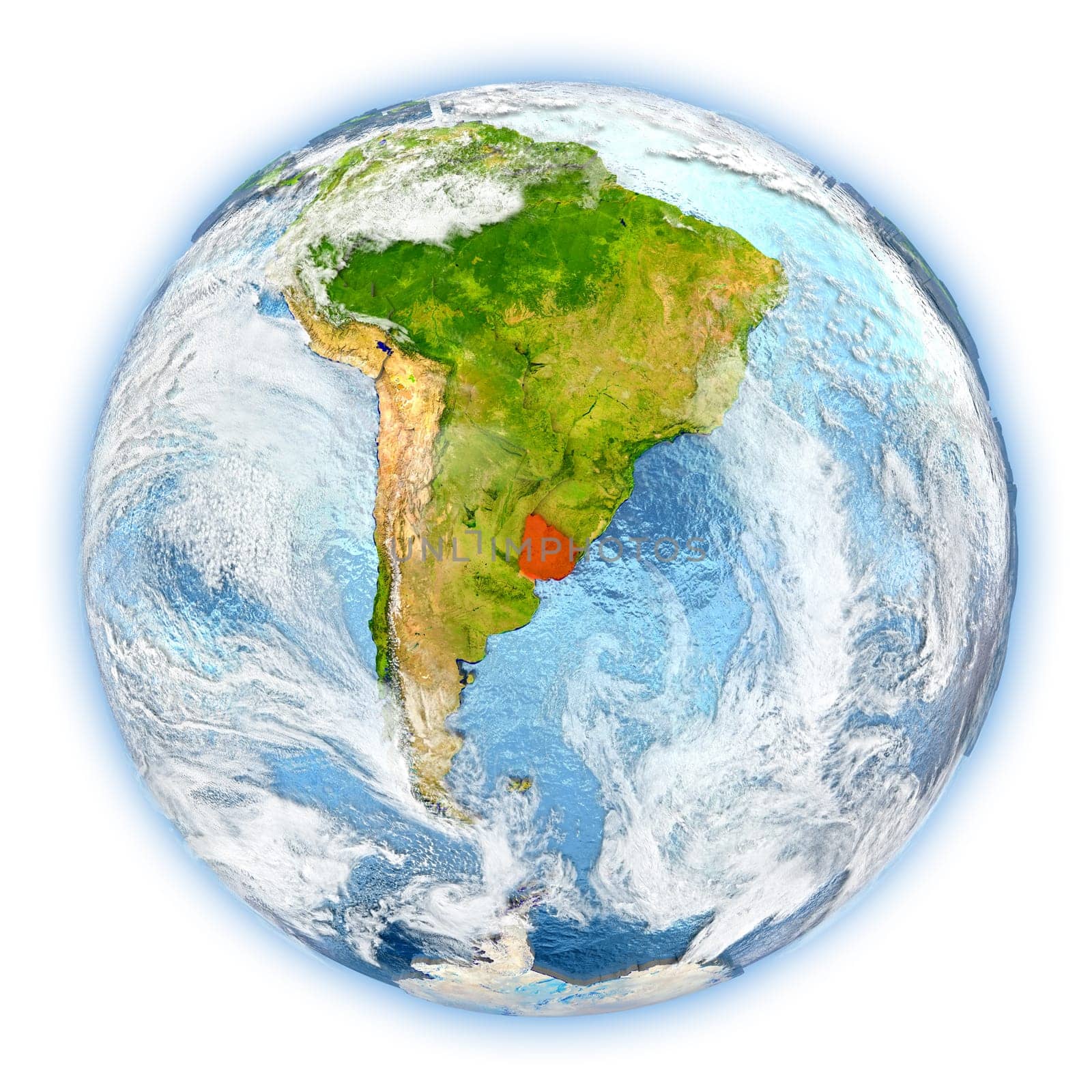 Uruguay highlighted in red on planet Earth. 3D illustration isolated on white background. Elements of this image furnished by NASA.