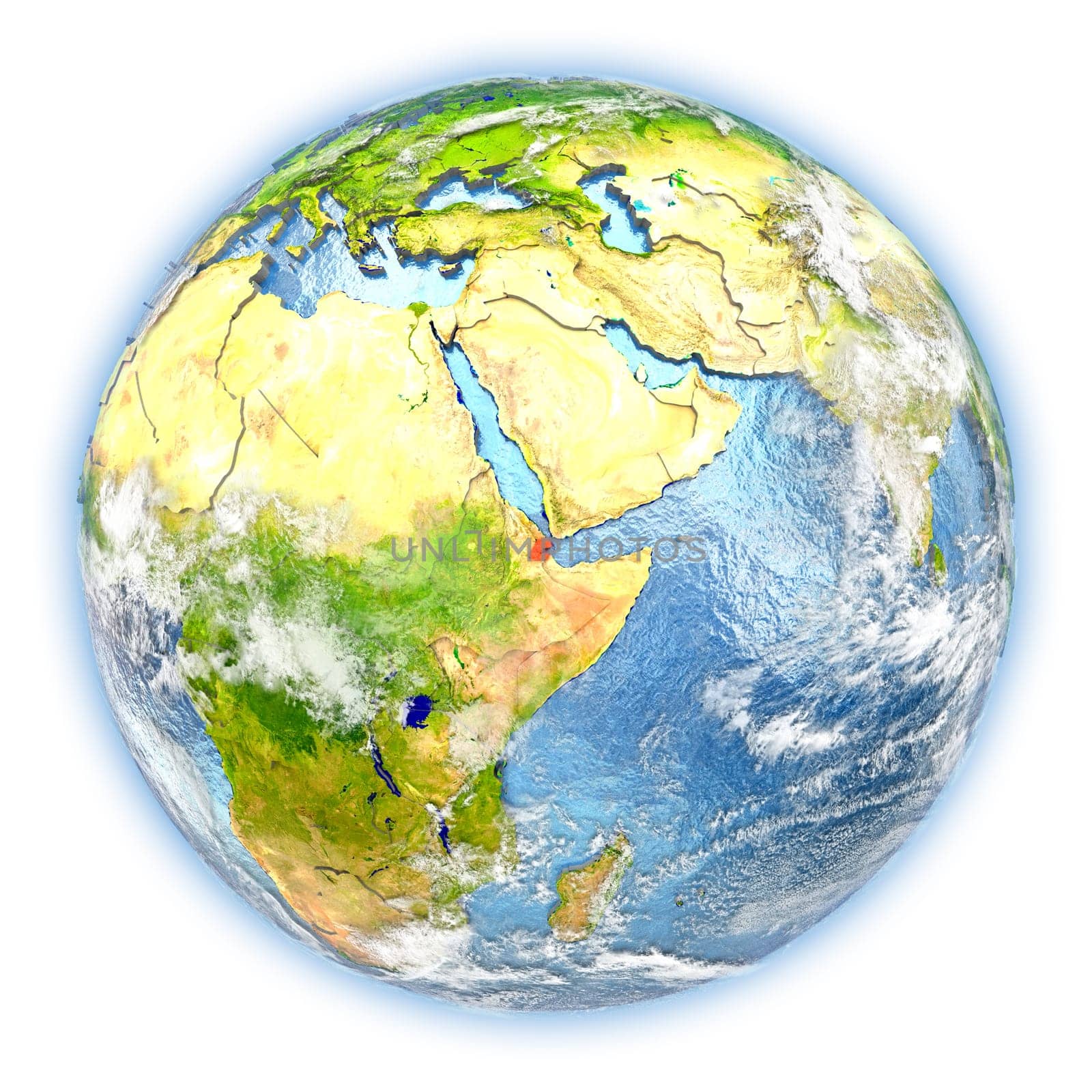 Djibouti highlighted in red on planet Earth. 3D illustration isolated on white background. Elements of this image furnished by NASA.