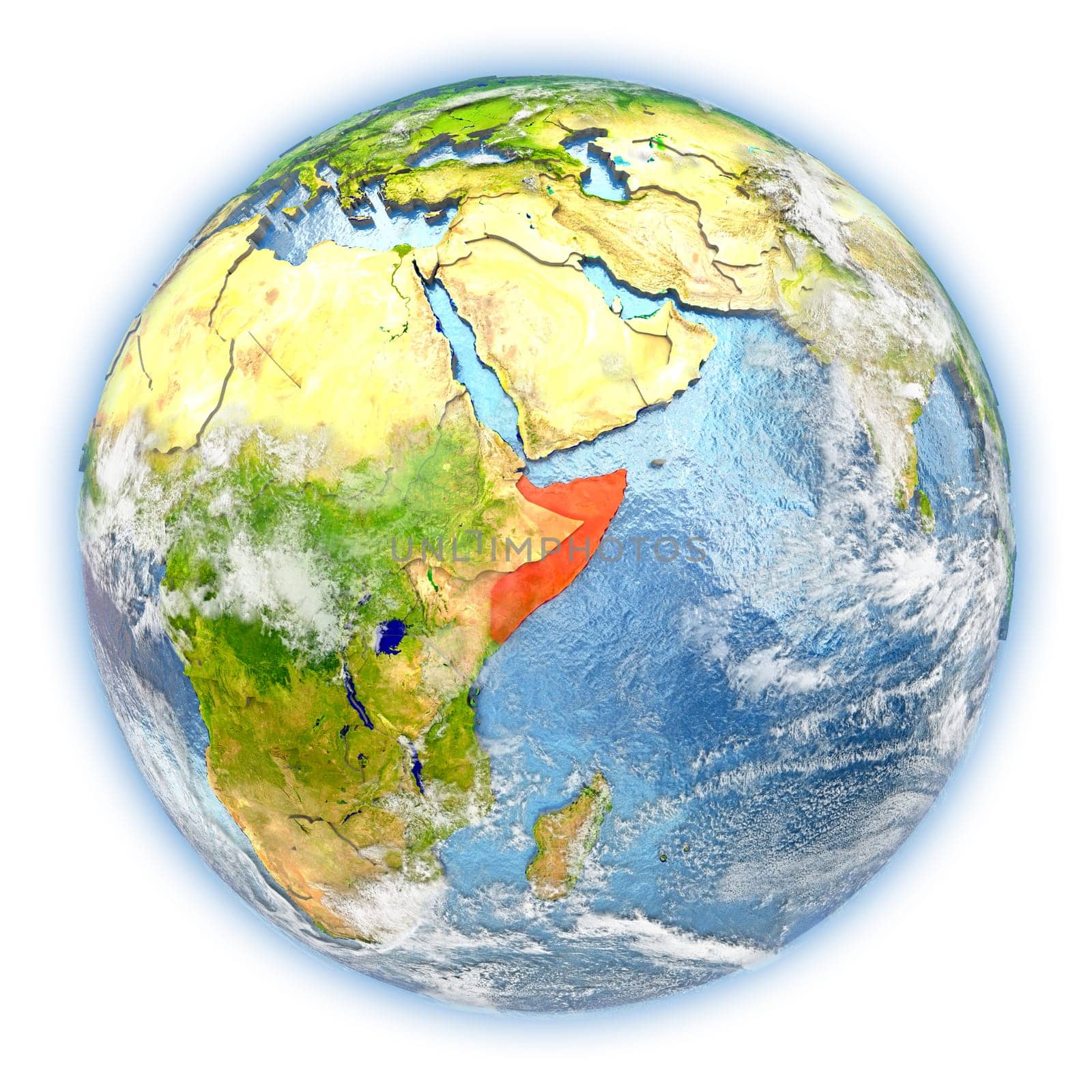Somalia highlighted in red on planet Earth. 3D illustration isolated on white background. Elements of this image furnished by NASA.