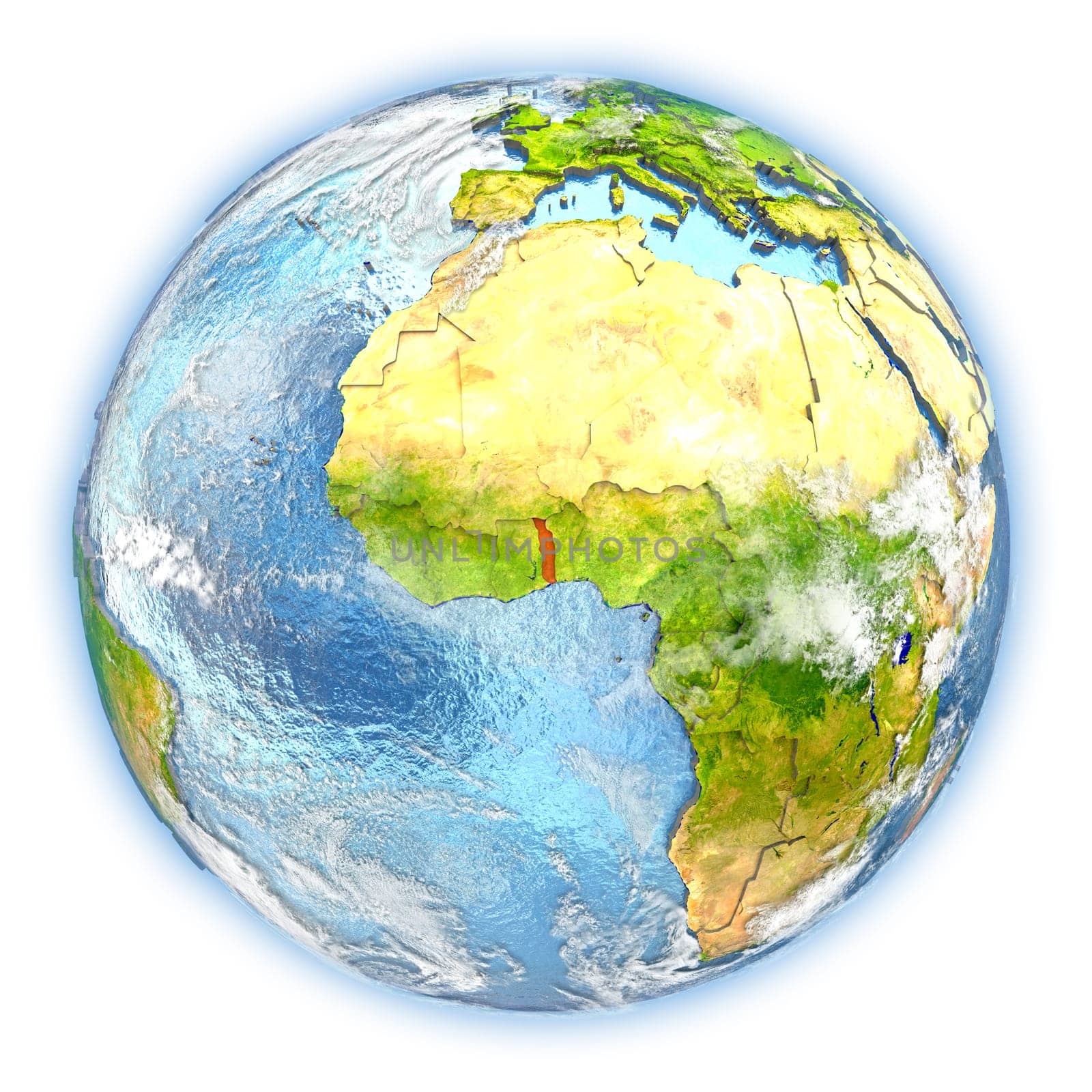 Togo highlighted in red on planet Earth. 3D illustration isolated on white background. Elements of this image furnished by NASA.