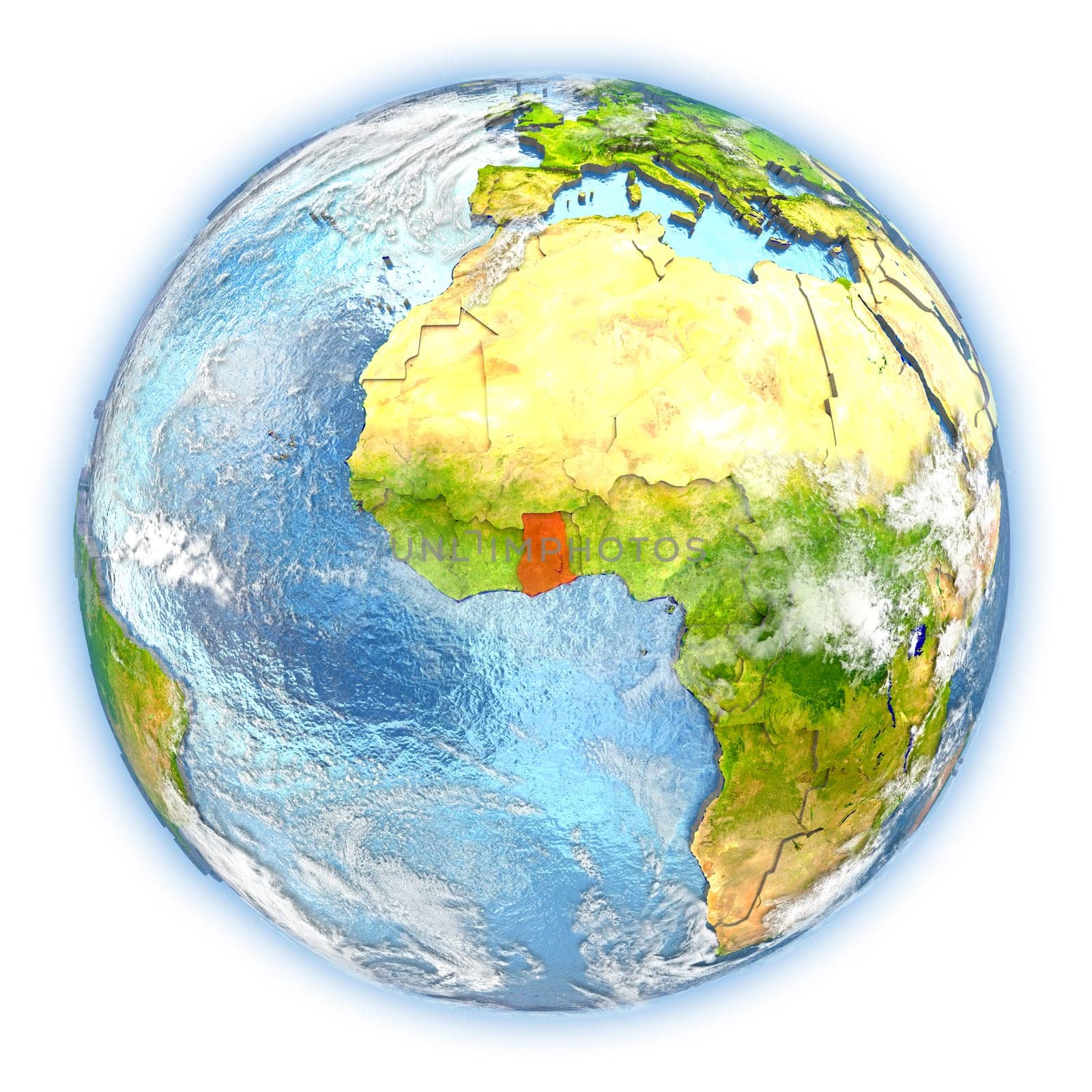 Ghana highlighted in red on planet Earth. 3D illustration isolated on white background. Elements of this image furnished by NASA.