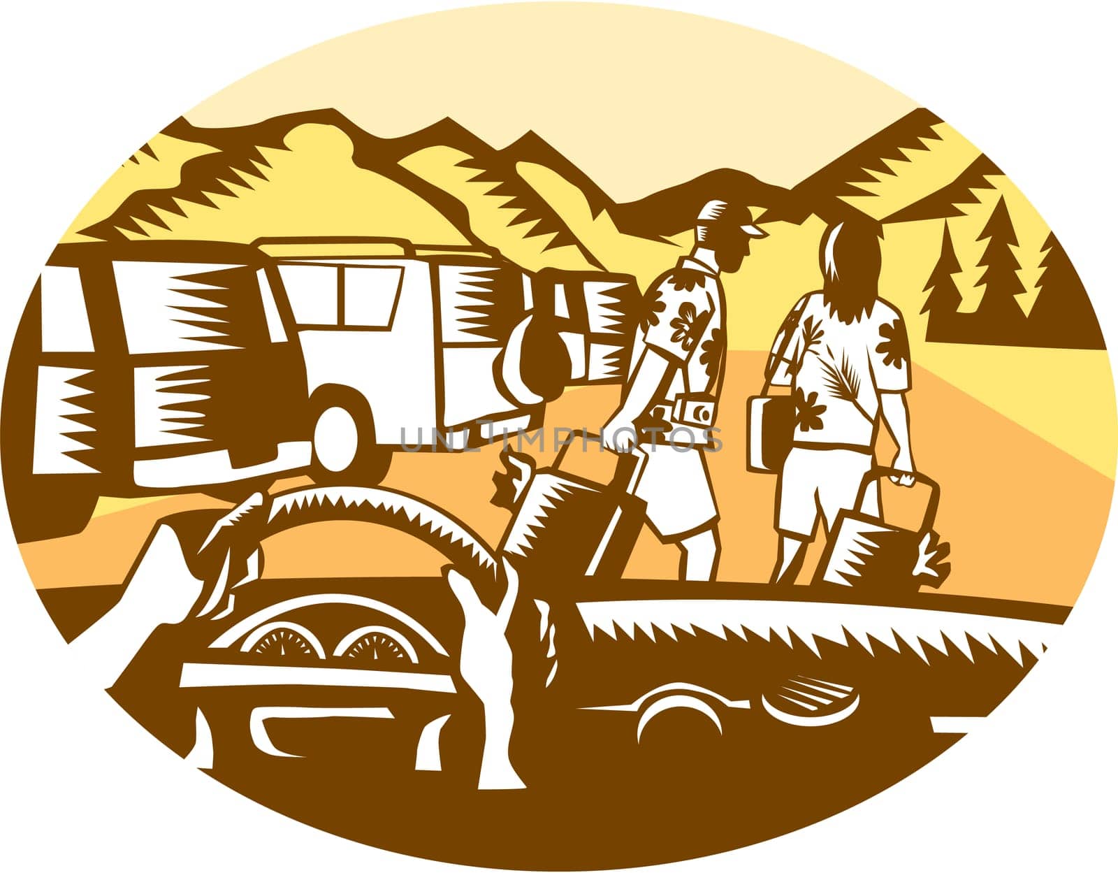 Illustration showing hands on steering wheel looking out of car windshield, with man and woman, wearing Hawaiian shirts, pulling suitcases at a parking lot full of cars at the base a mountain set inside oval shape done in retro woodcut style.