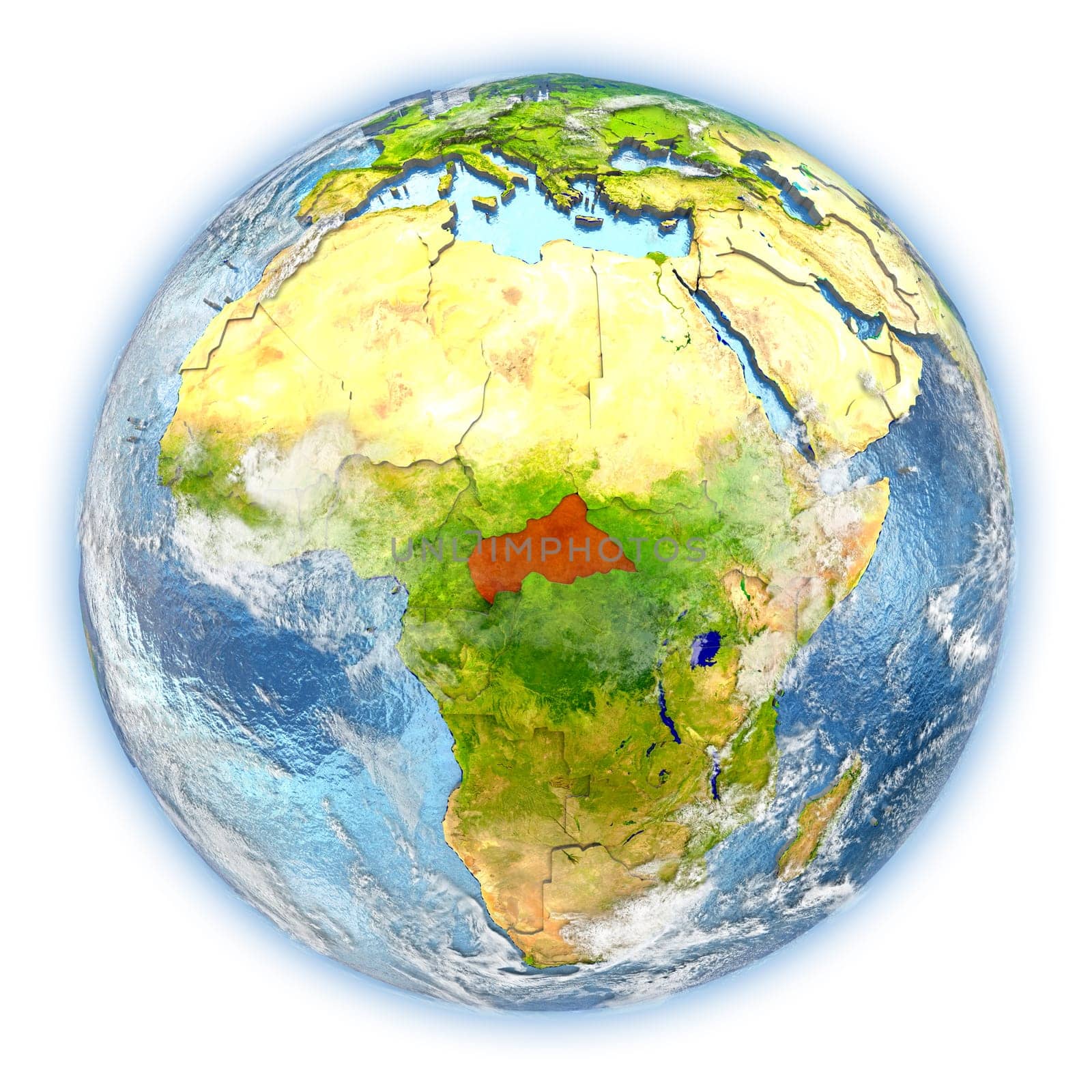 Central Africa highlighted in red on planet Earth. 3D illustration isolated on white background. Elements of this image furnished by NASA.