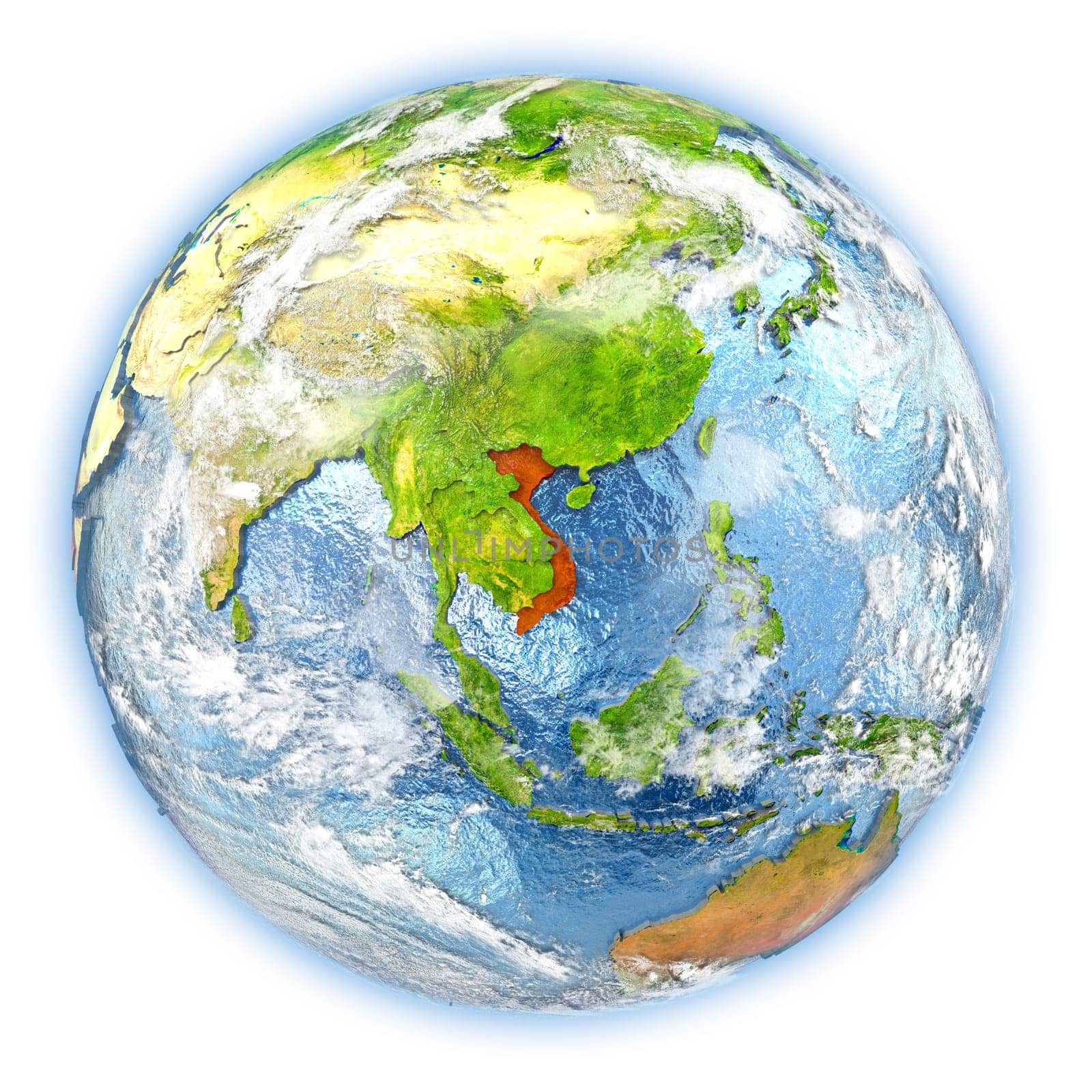 Vietnam highlighted in red on planet Earth. 3D illustration isolated on white background. Elements of this image furnished by NASA.