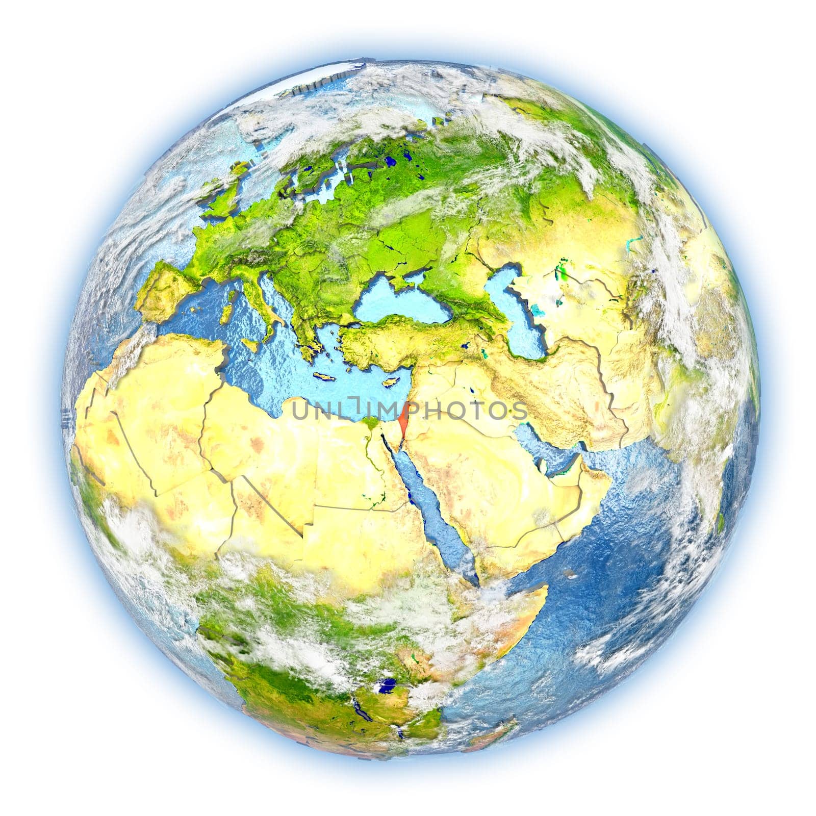 Israel highlighted in red on planet Earth. 3D illustration isolated on white background. Elements of this image furnished by NASA.