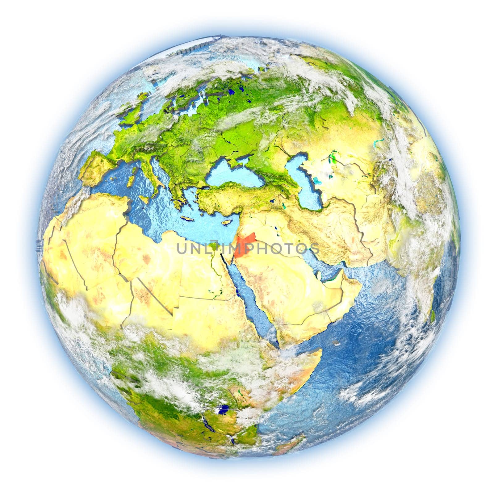 Jordan highlighted in red on planet Earth. 3D illustration isolated on white background. Elements of this image furnished by NASA.