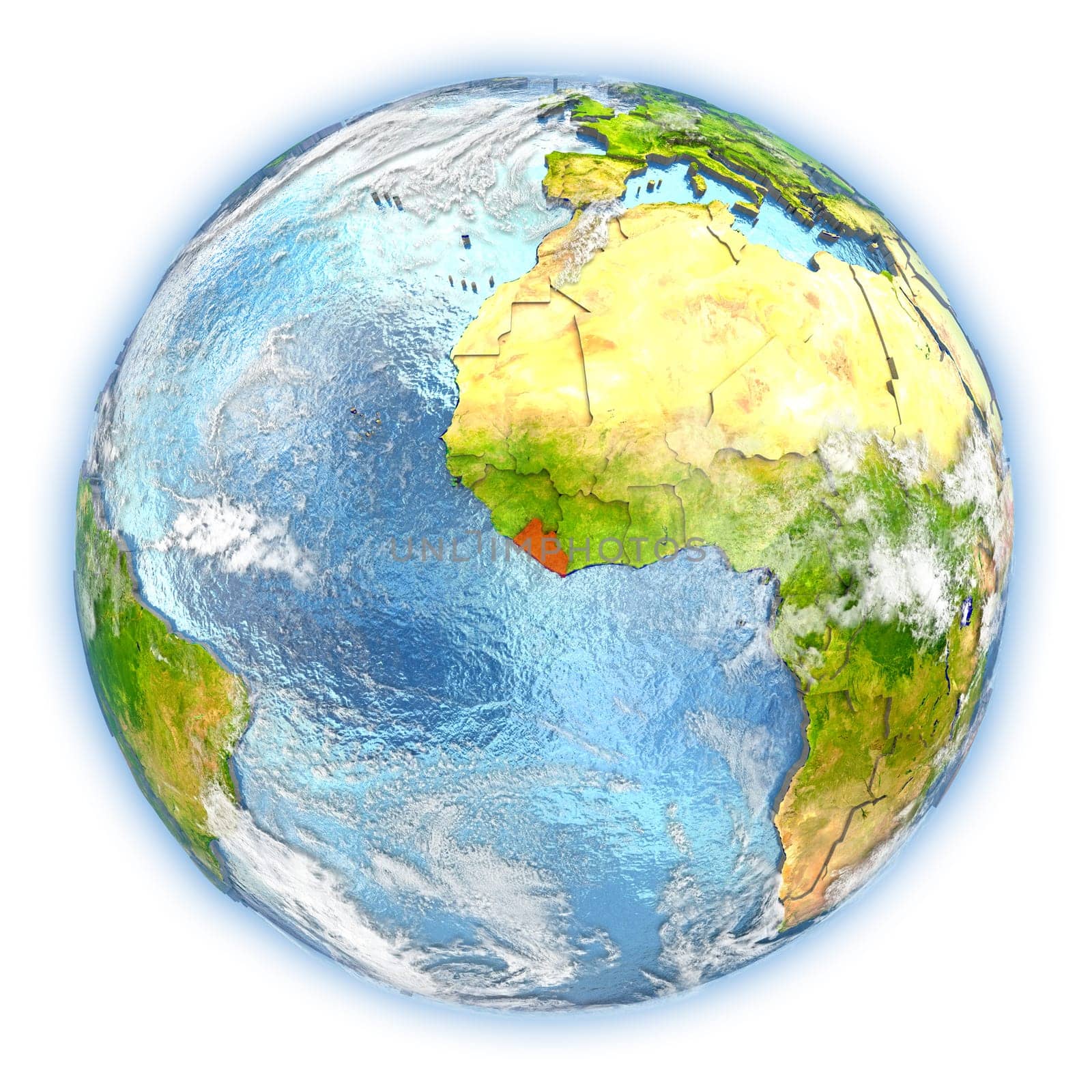 Liberia highlighted in red on planet Earth. 3D illustration isolated on white background. Elements of this image furnished by NASA.