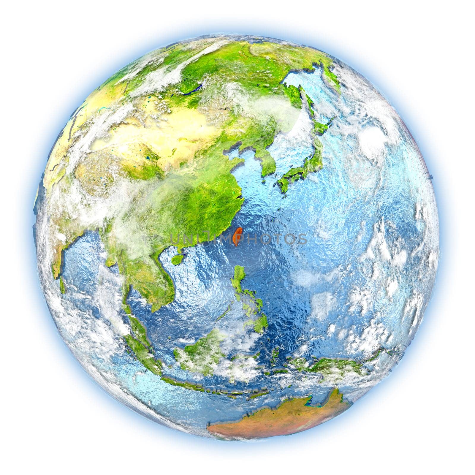 Taiwan highlighted in red on planet Earth. 3D illustration isolated on white background. Elements of this image furnished by NASA.