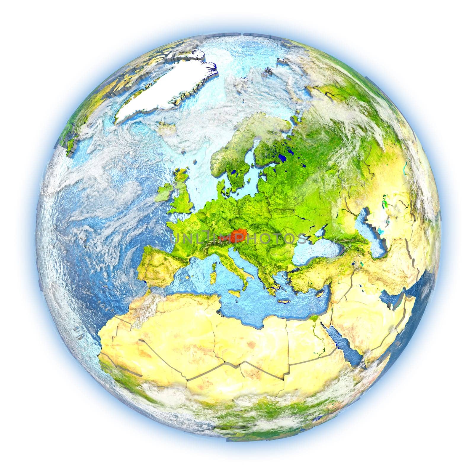 Austria highlighted in red on planet Earth. 3D illustration isolated on white background. Elements of this image furnished by NASA.