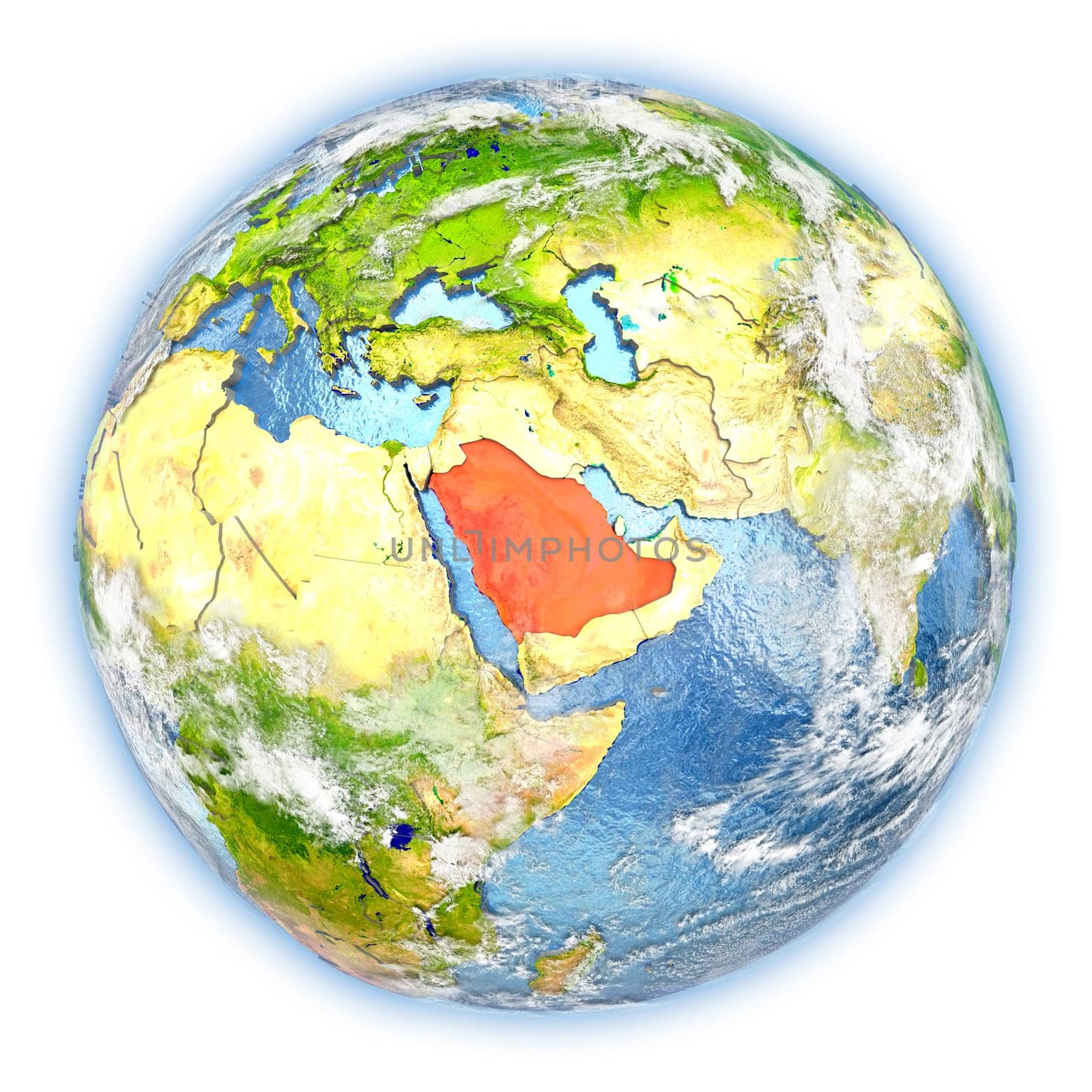 Saudi Arabia highlighted in red on planet Earth. 3D illustration isolated on white background. Elements of this image furnished by NASA.