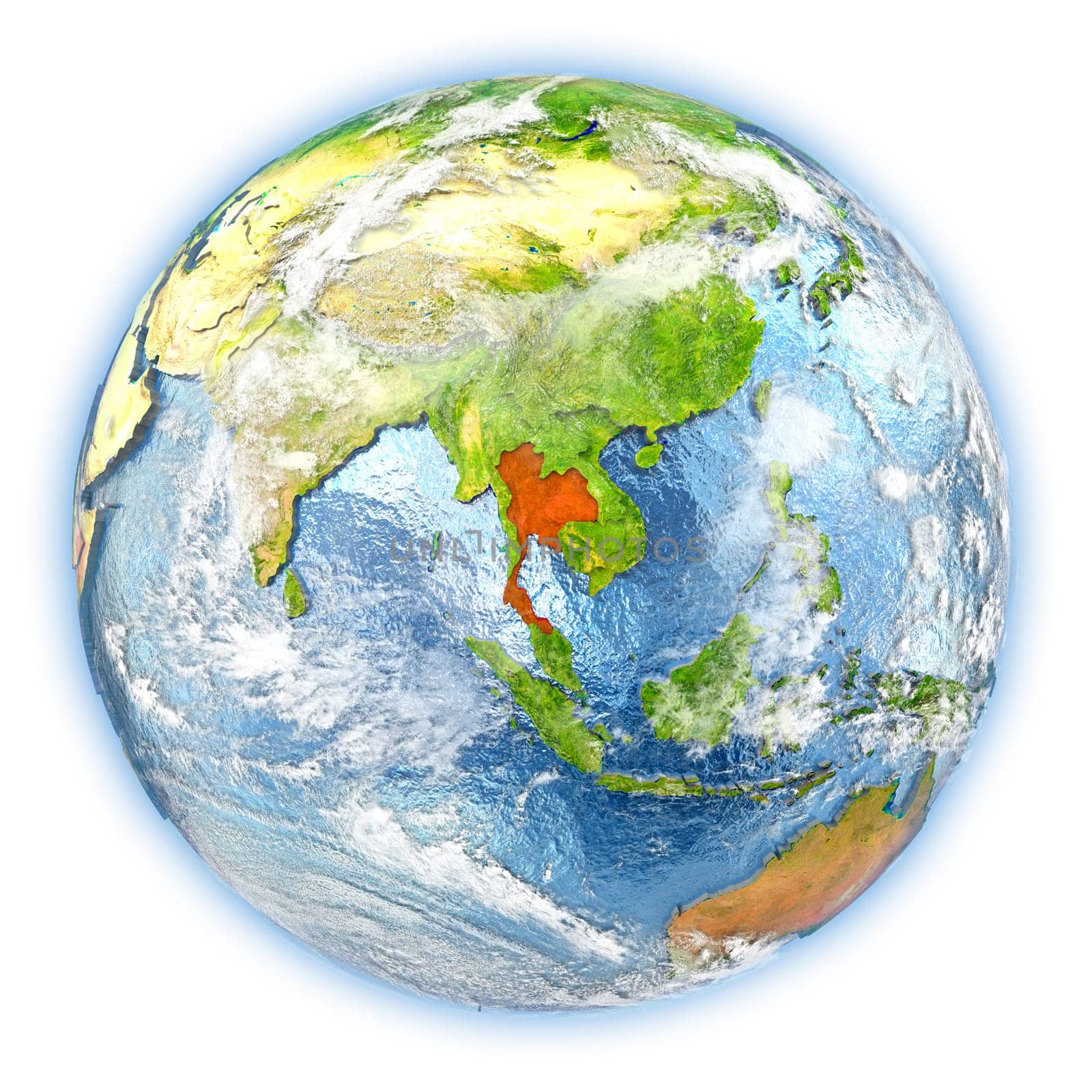 Thailand highlighted in red on planet Earth. 3D illustration isolated on white background. Elements of this image furnished by NASA.