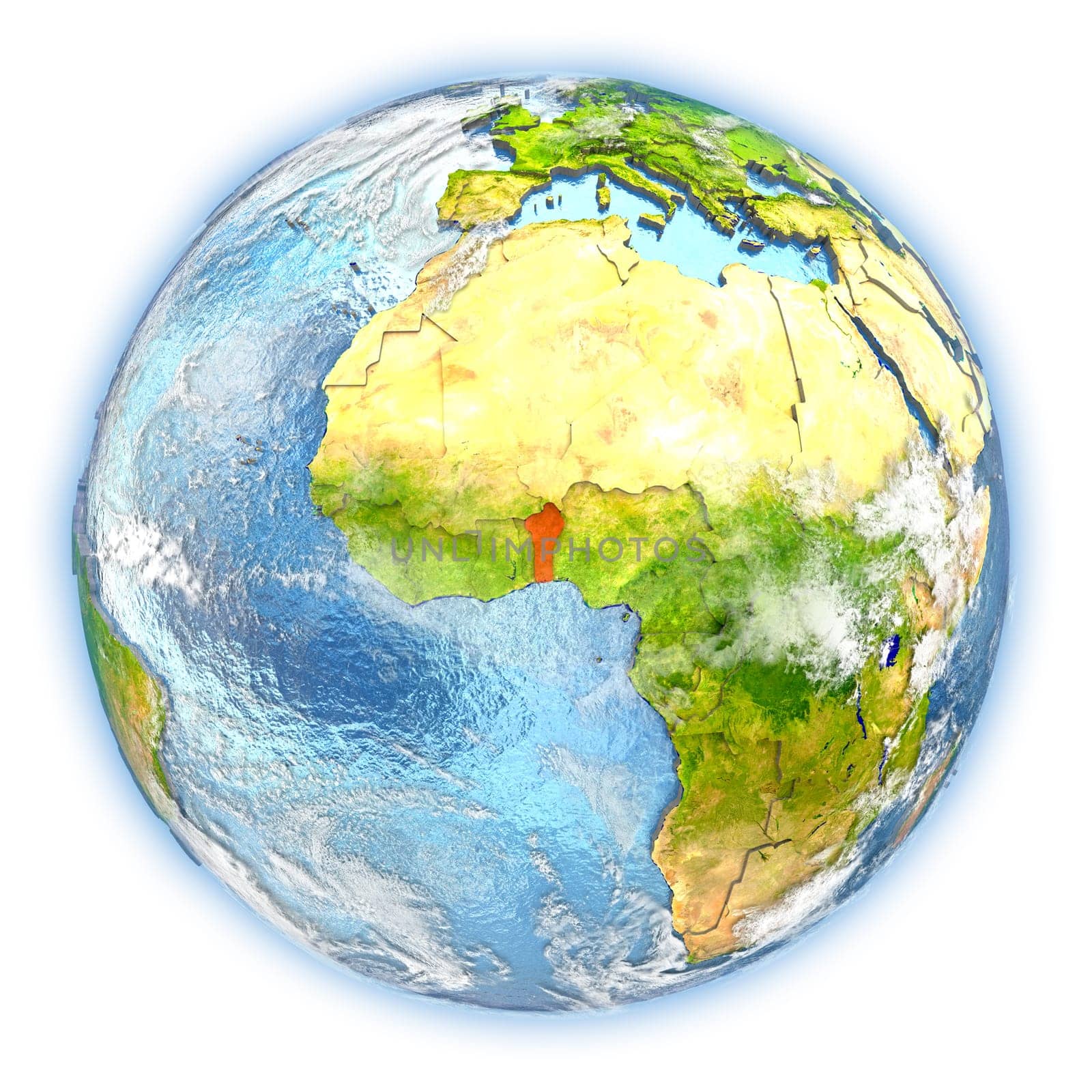 Benin highlighted in red on planet Earth. 3D illustration isolated on white background. Elements of this image furnished by NASA.