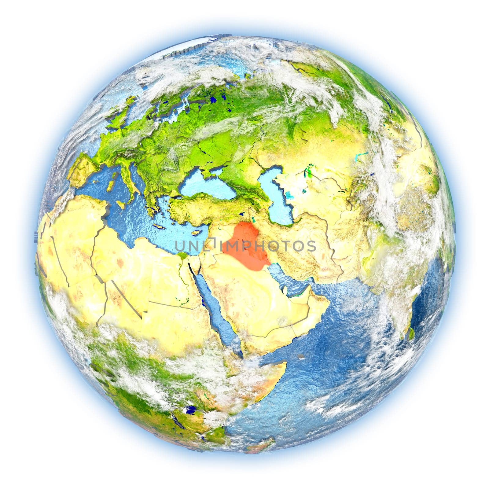 Iraq highlighted in red on planet Earth. 3D illustration isolated on white background. Elements of this image furnished by NASA.
