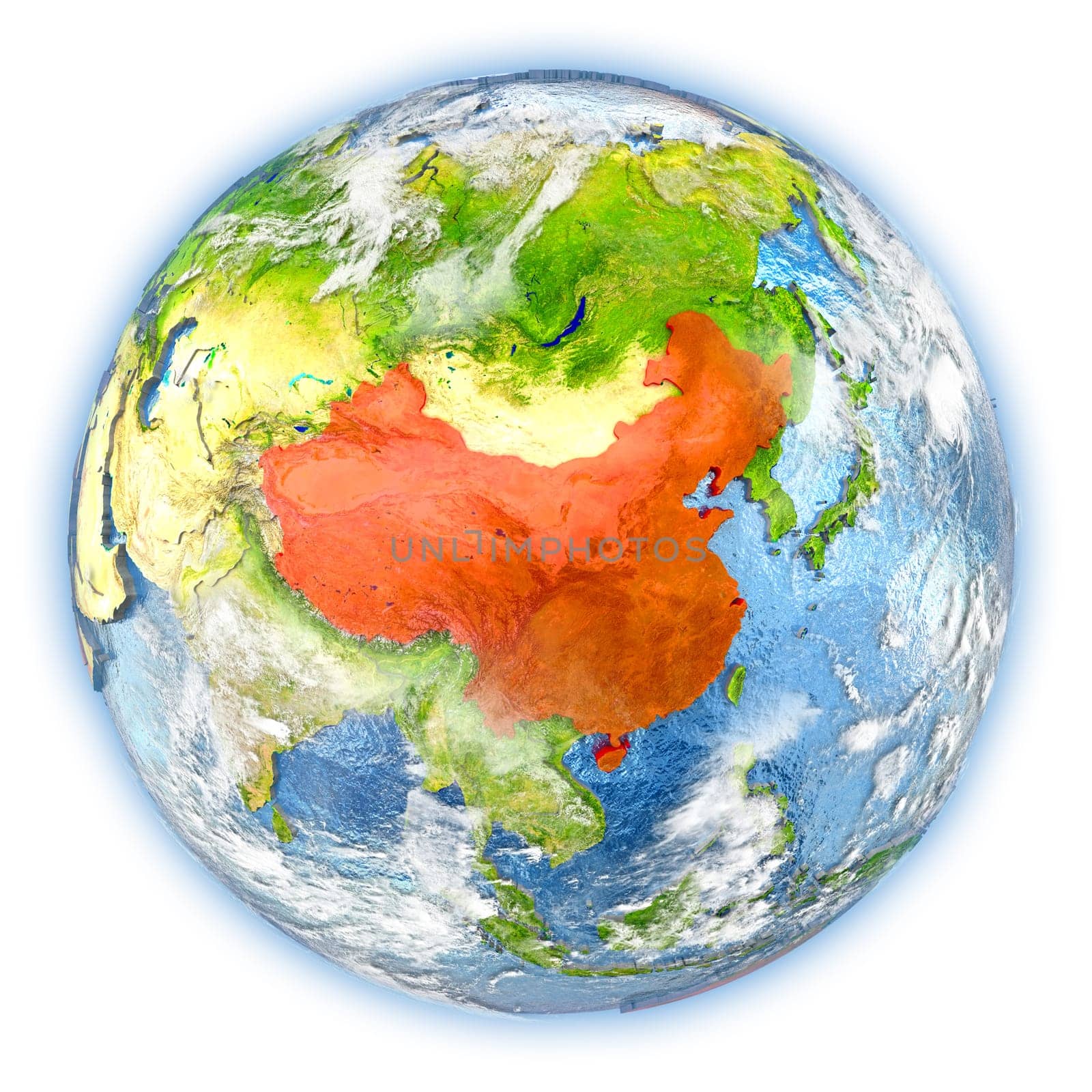 China highlighted in red on planet Earth. 3D illustration isolated on white background. Elements of this image furnished by NASA.