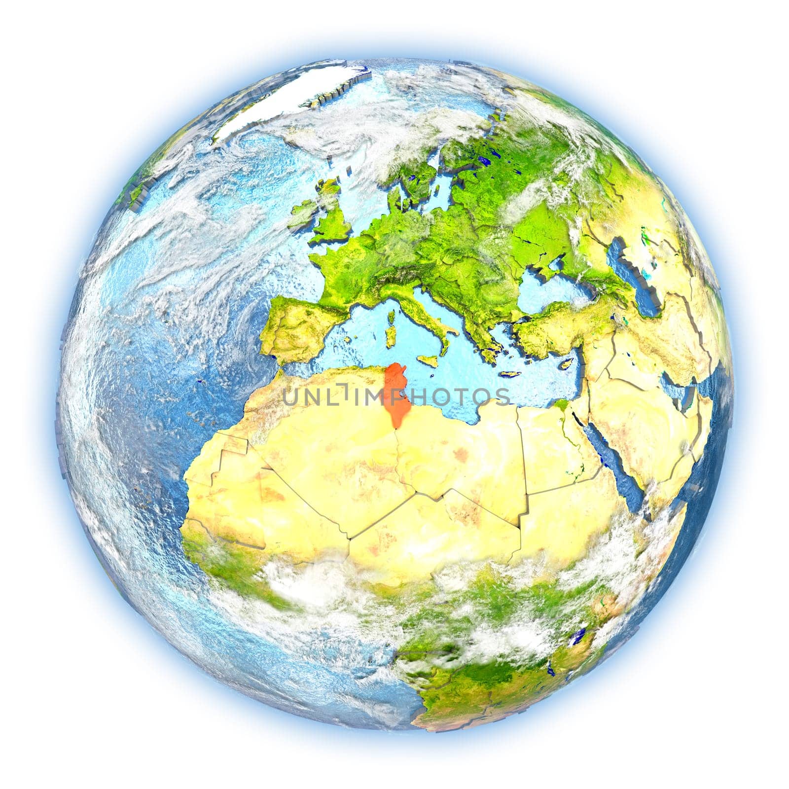 Tunisia highlighted in red on planet Earth. 3D illustration isolated on white background. Elements of this image furnished by NASA.