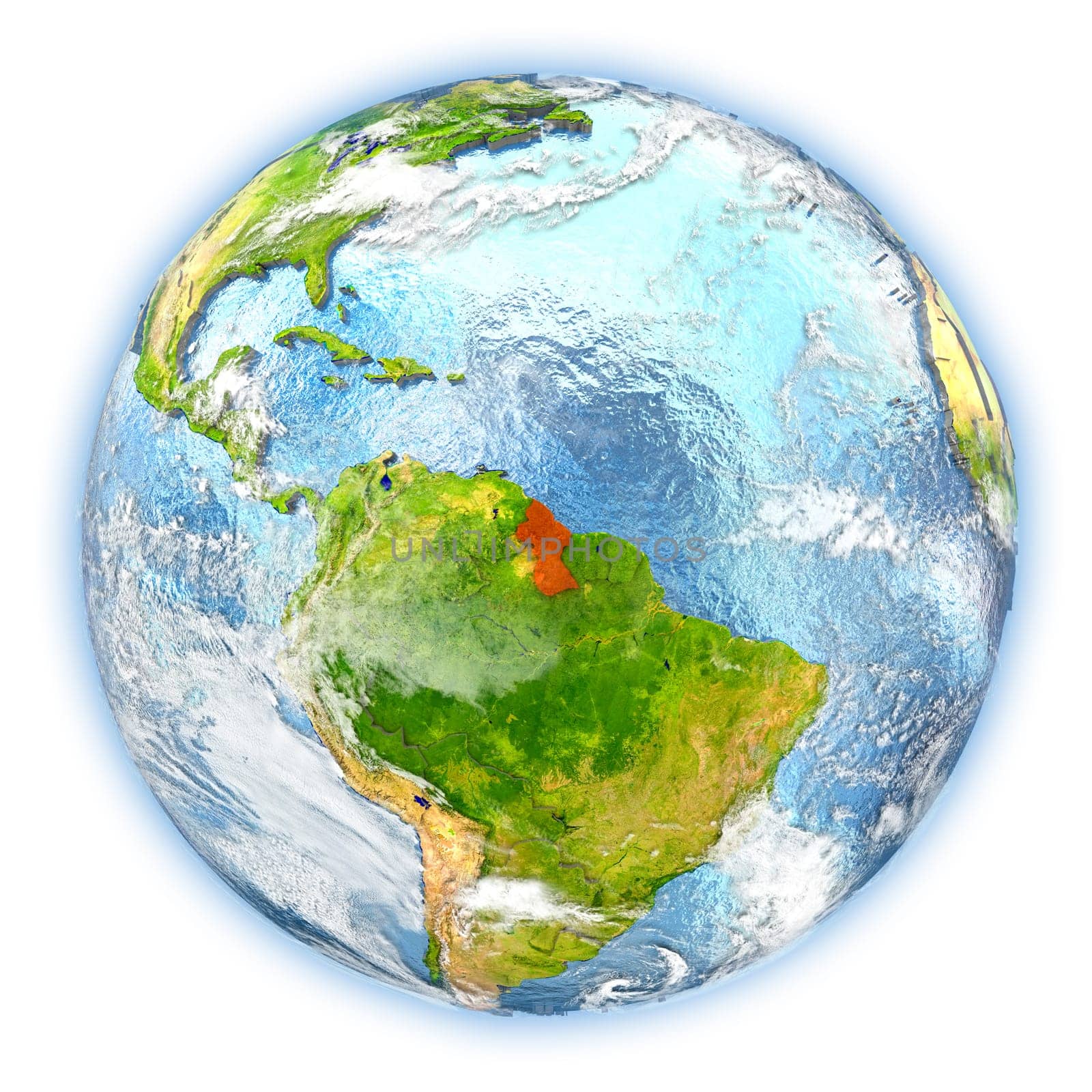 Guyana highlighted in red on planet Earth. 3D illustration isolated on white background. Elements of this image furnished by NASA.