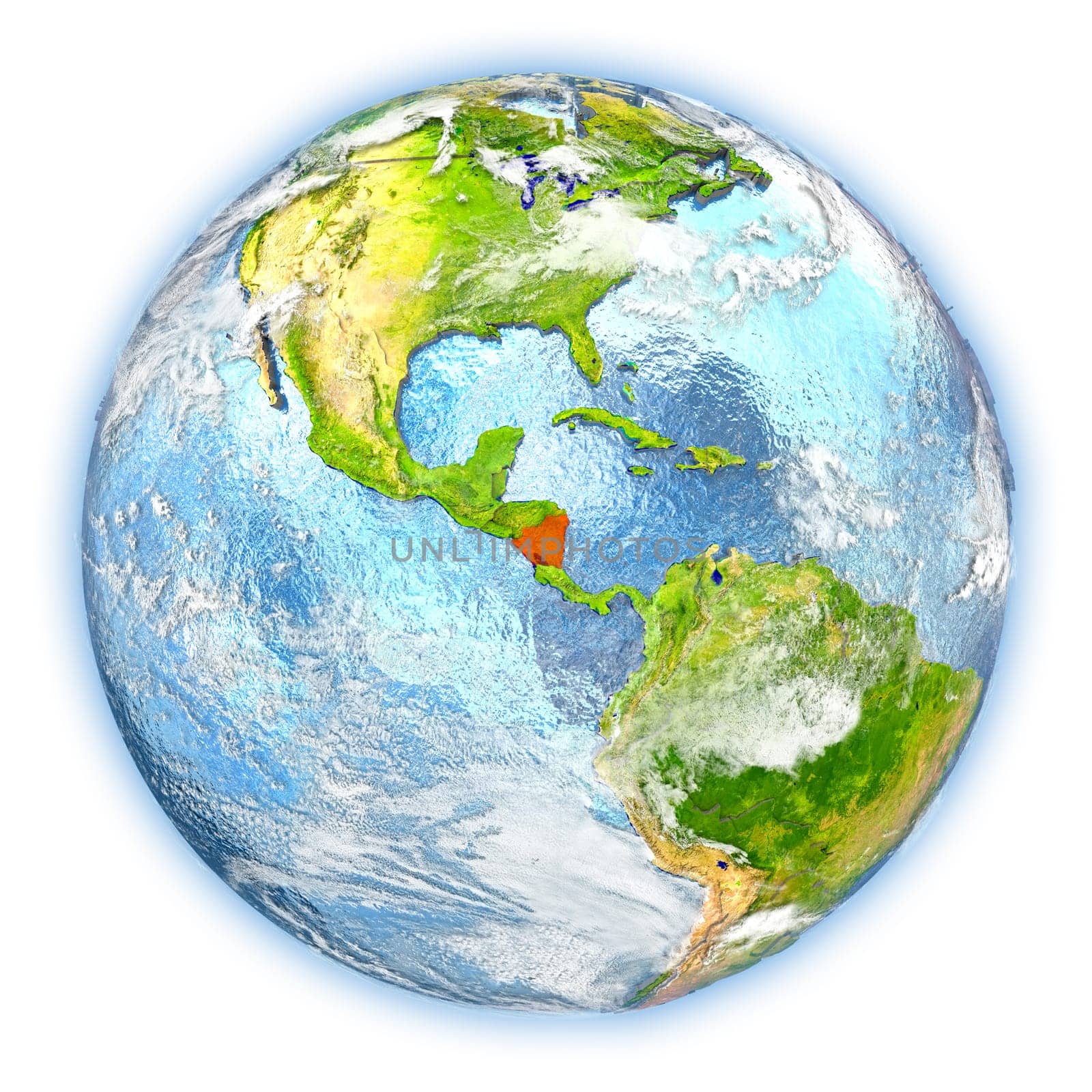 Nicaragua highlighted in red on planet Earth. 3D illustration isolated on white background. Elements of this image furnished by NASA.