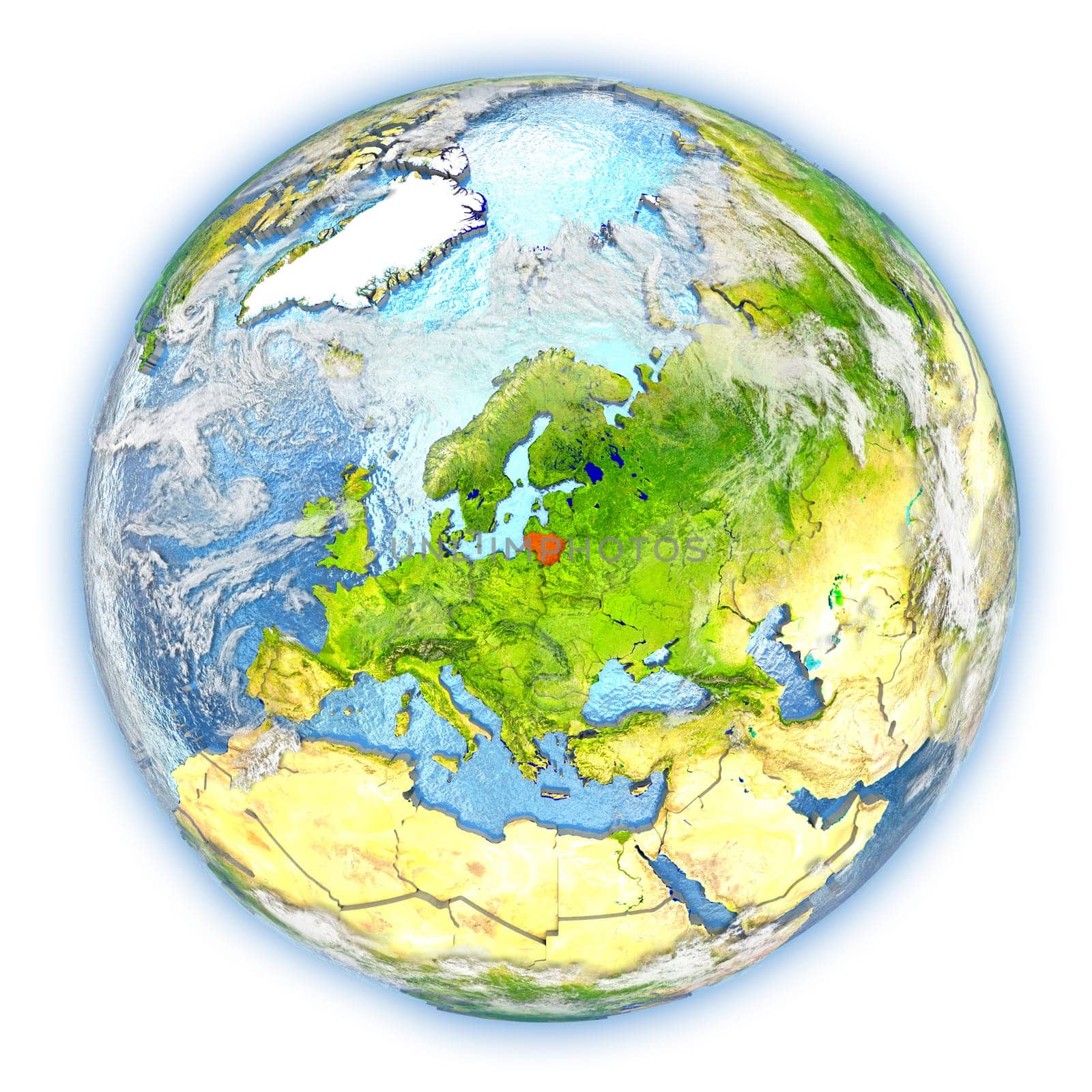 Lithuania highlighted in red on planet Earth. 3D illustration isolated on white background. Elements of this image furnished by NASA.