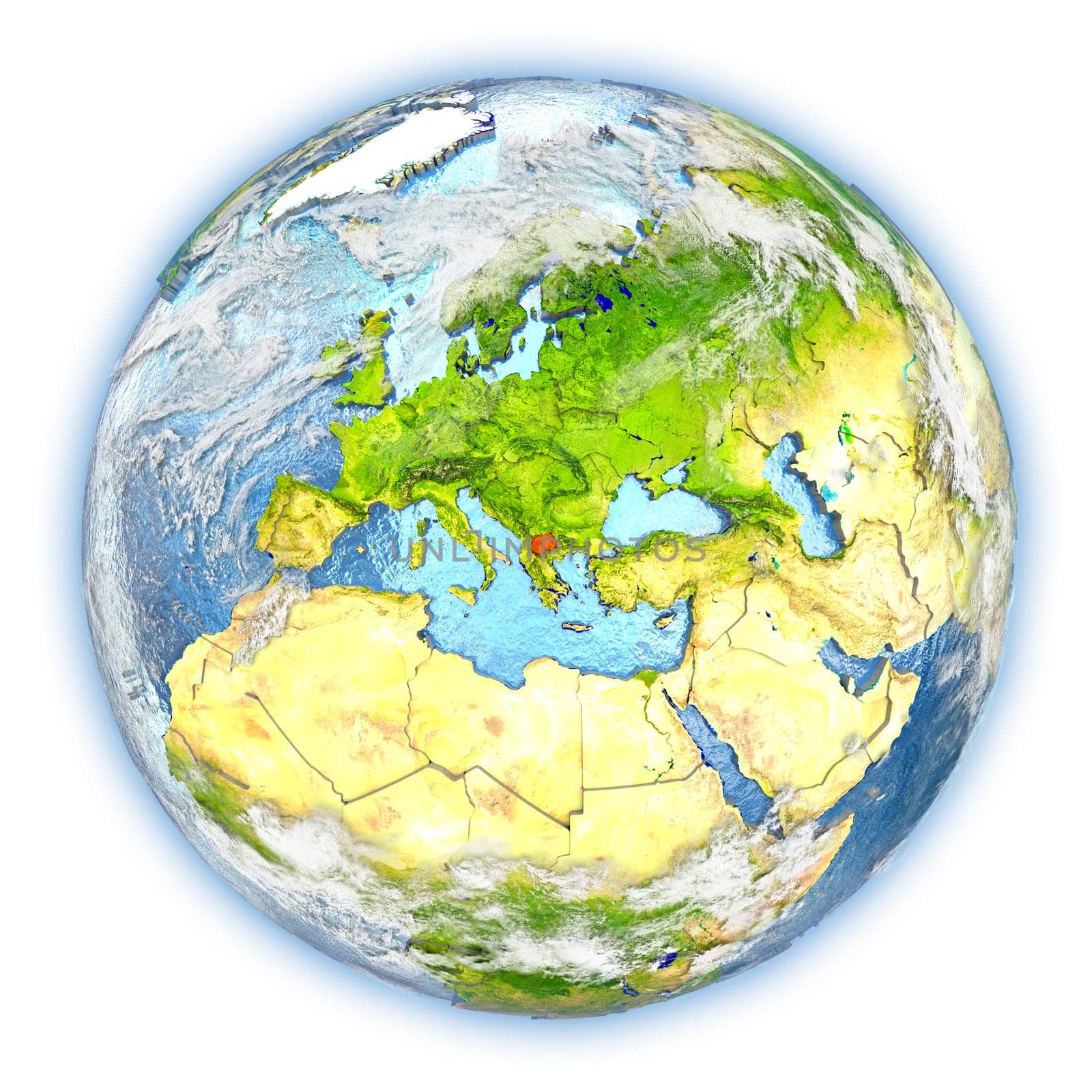 Macedonia highlighted in red on planet Earth. 3D illustration isolated on white background. Elements of this image furnished by NASA.