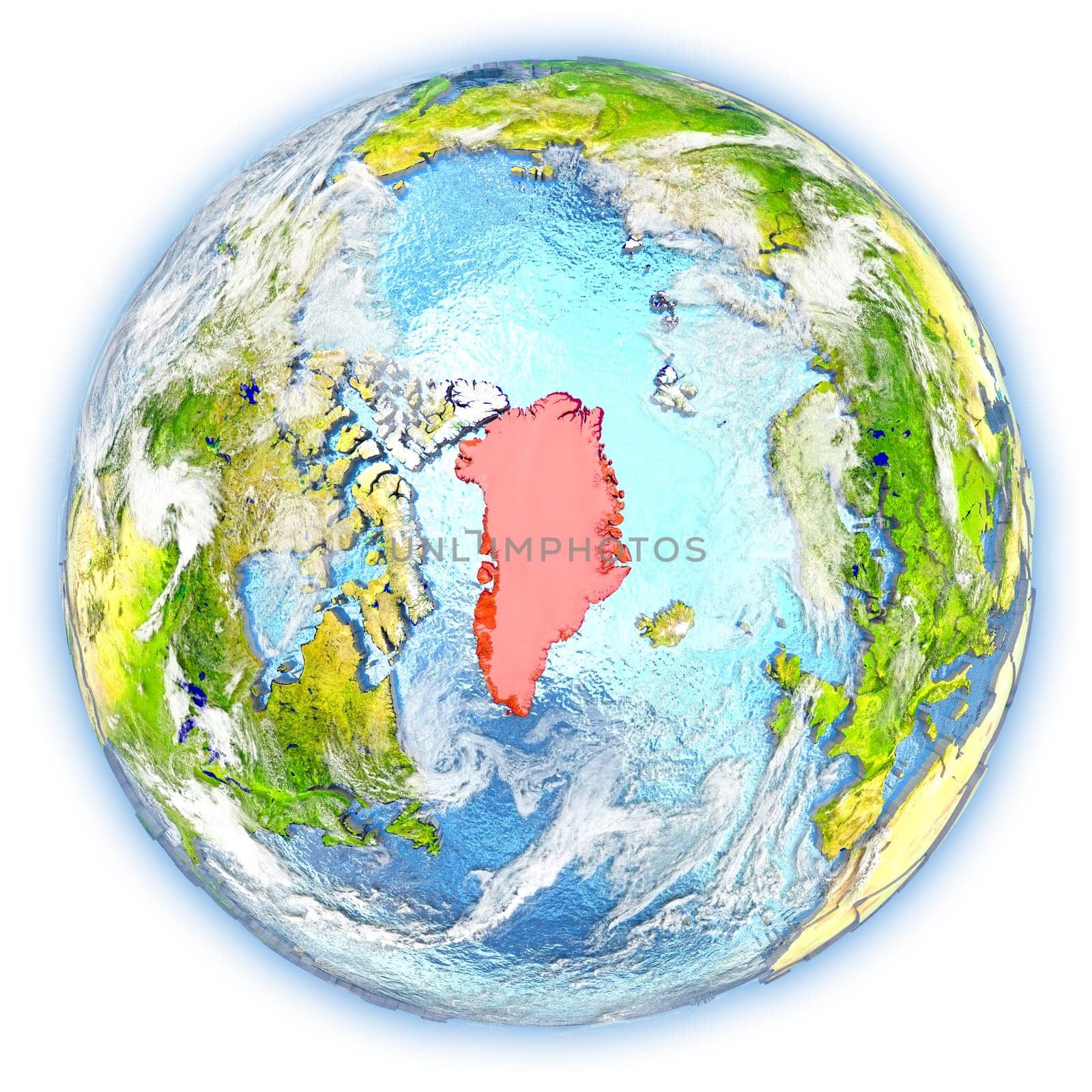 Greenland highlighted in red on planet Earth. 3D illustration isolated on white background. Elements of this image furnished by NASA.