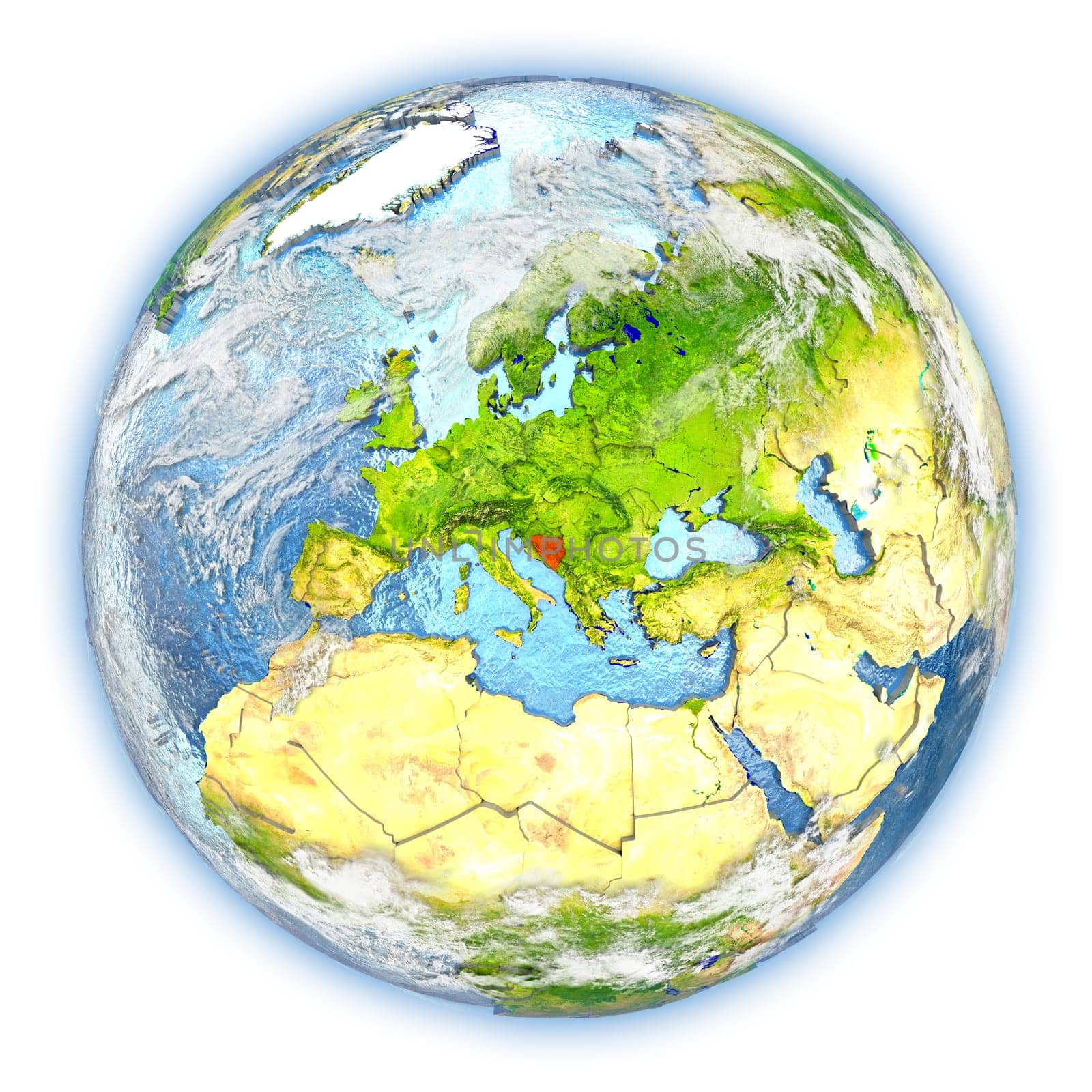 Bosnia highlighted in red on planet Earth. 3D illustration isolated on white background. Elements of this image furnished by NASA.