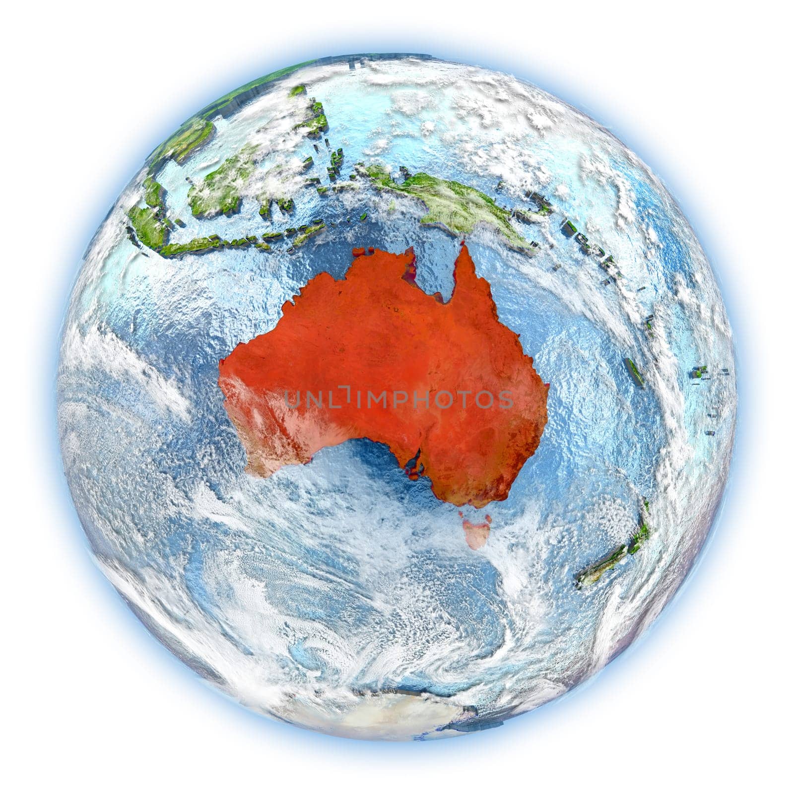 Australia highlighted in red on planet Earth. 3D illustration isolated on white background. Elements of this image furnished by NASA.
