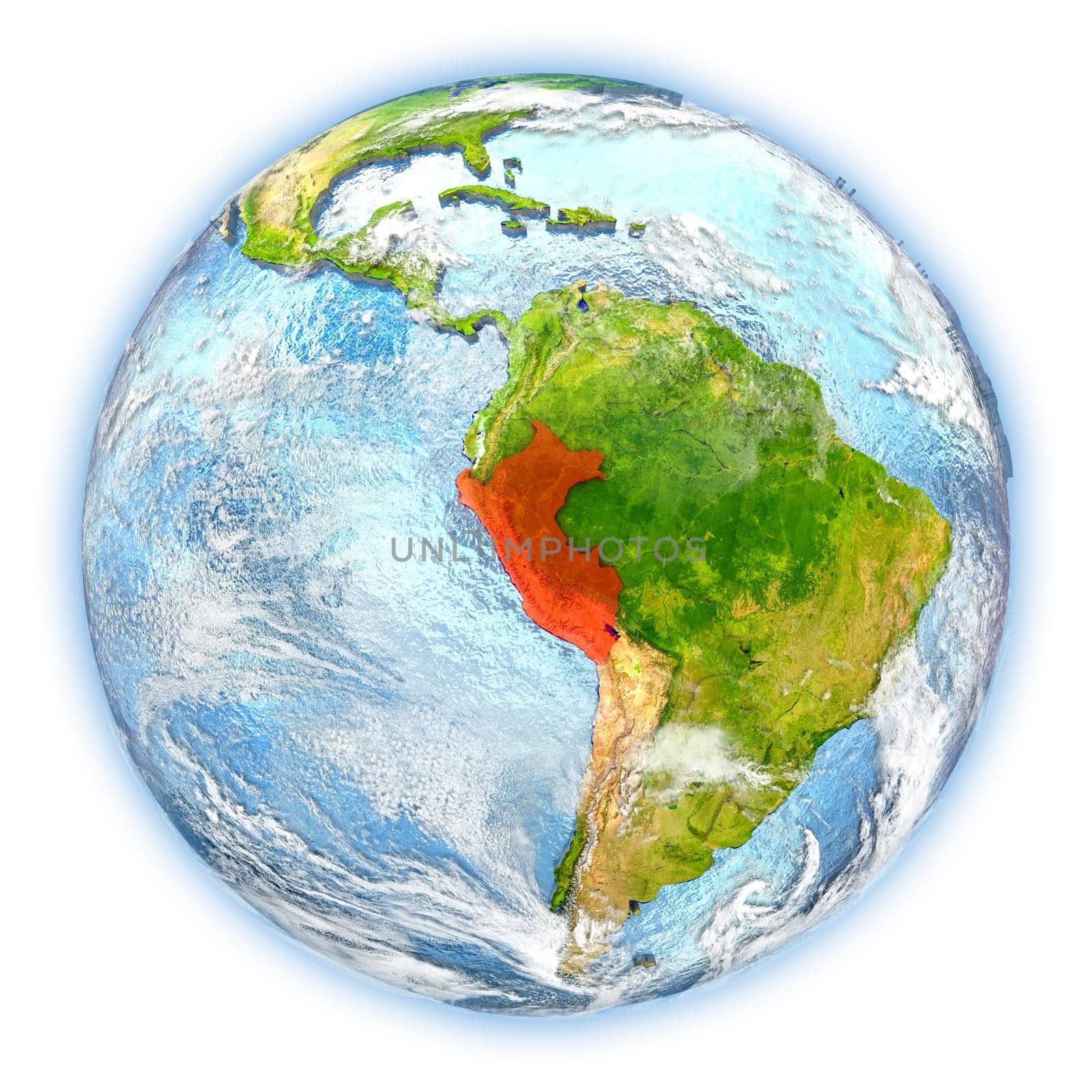 Peru highlighted in red on planet Earth. 3D illustration isolated on white background. Elements of this image furnished by NASA.