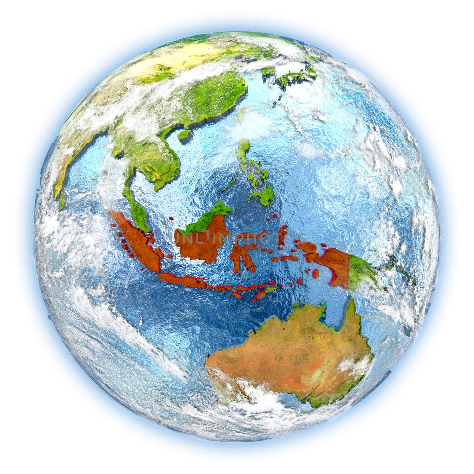 Indonesia highlighted in red on planet Earth. 3D illustration isolated on white background. Elements of this image furnished by NASA.