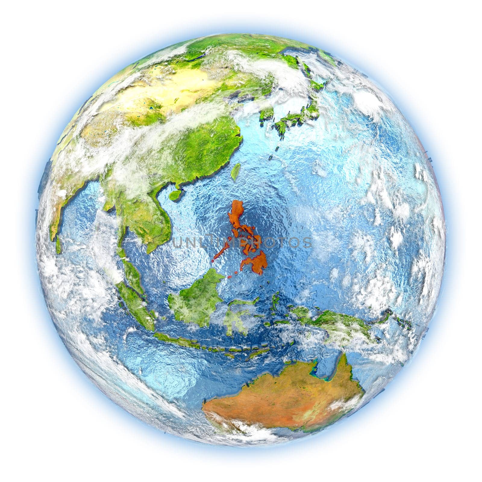 Philippines highlighted in red on planet Earth. 3D illustration isolated on white background. Elements of this image furnished by NASA.