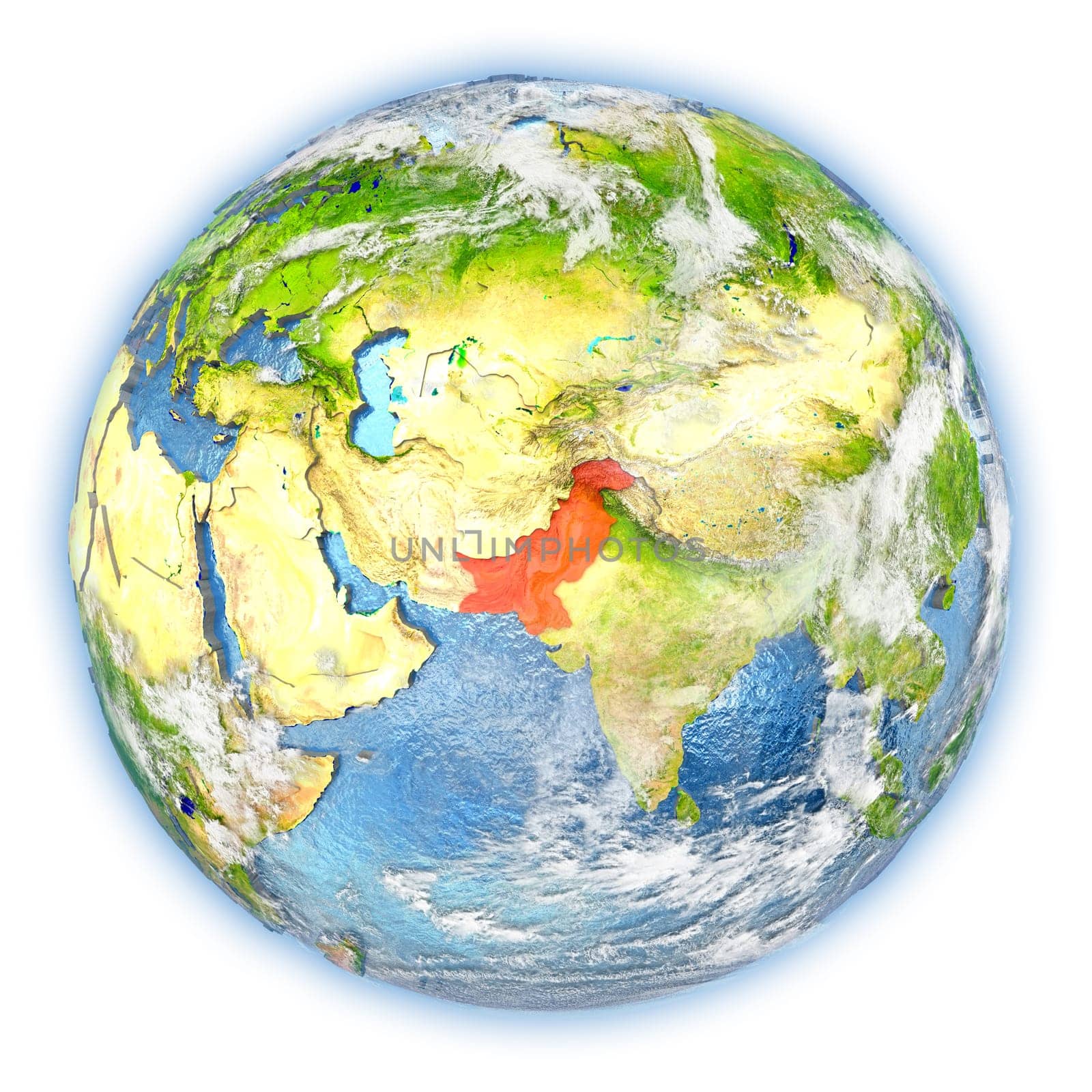 Pakistan highlighted in red on planet Earth. 3D illustration isolated on white background. Elements of this image furnished by NASA.
