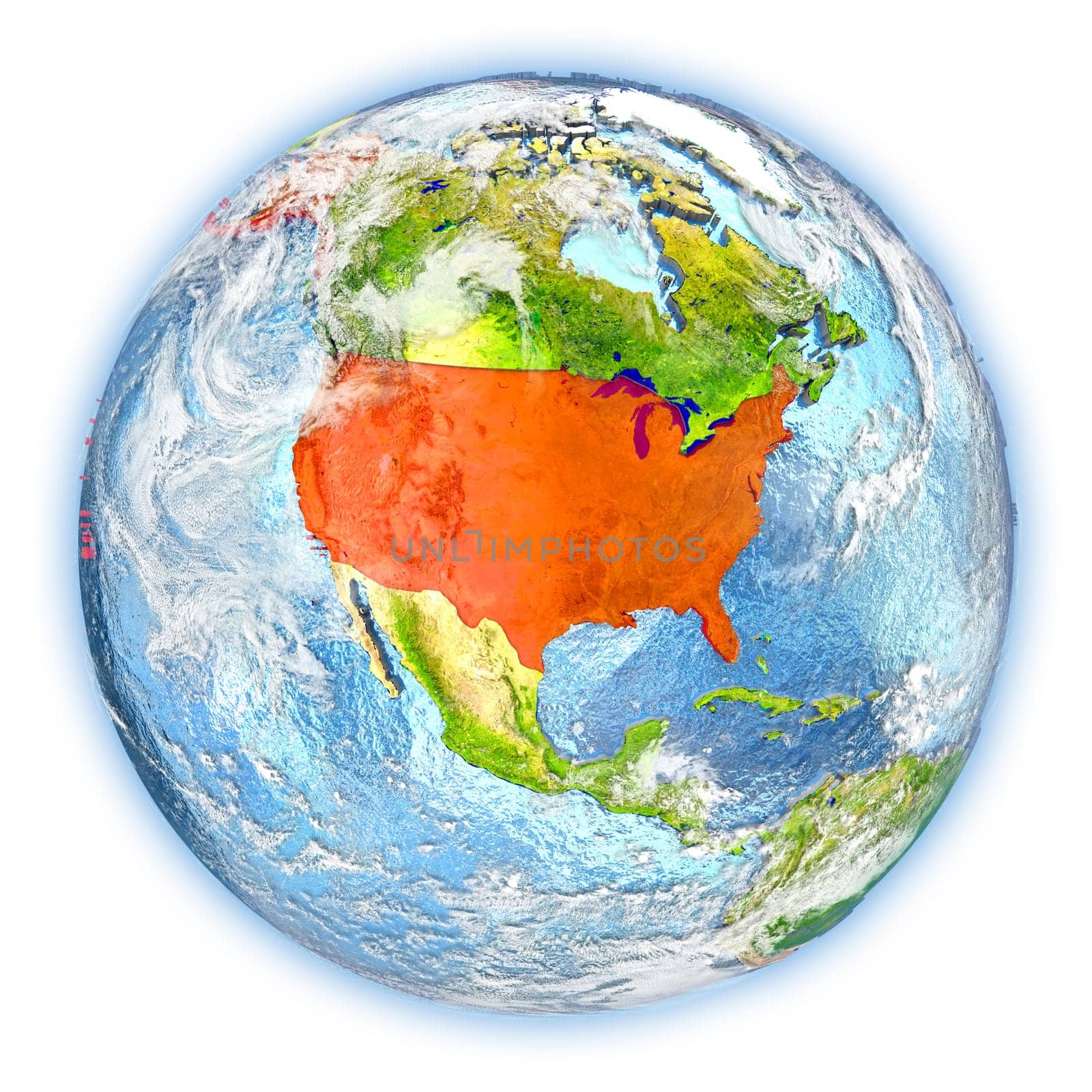 USA highlighted in red on planet Earth. 3D illustration isolated on white background. Elements of this image furnished by NASA.