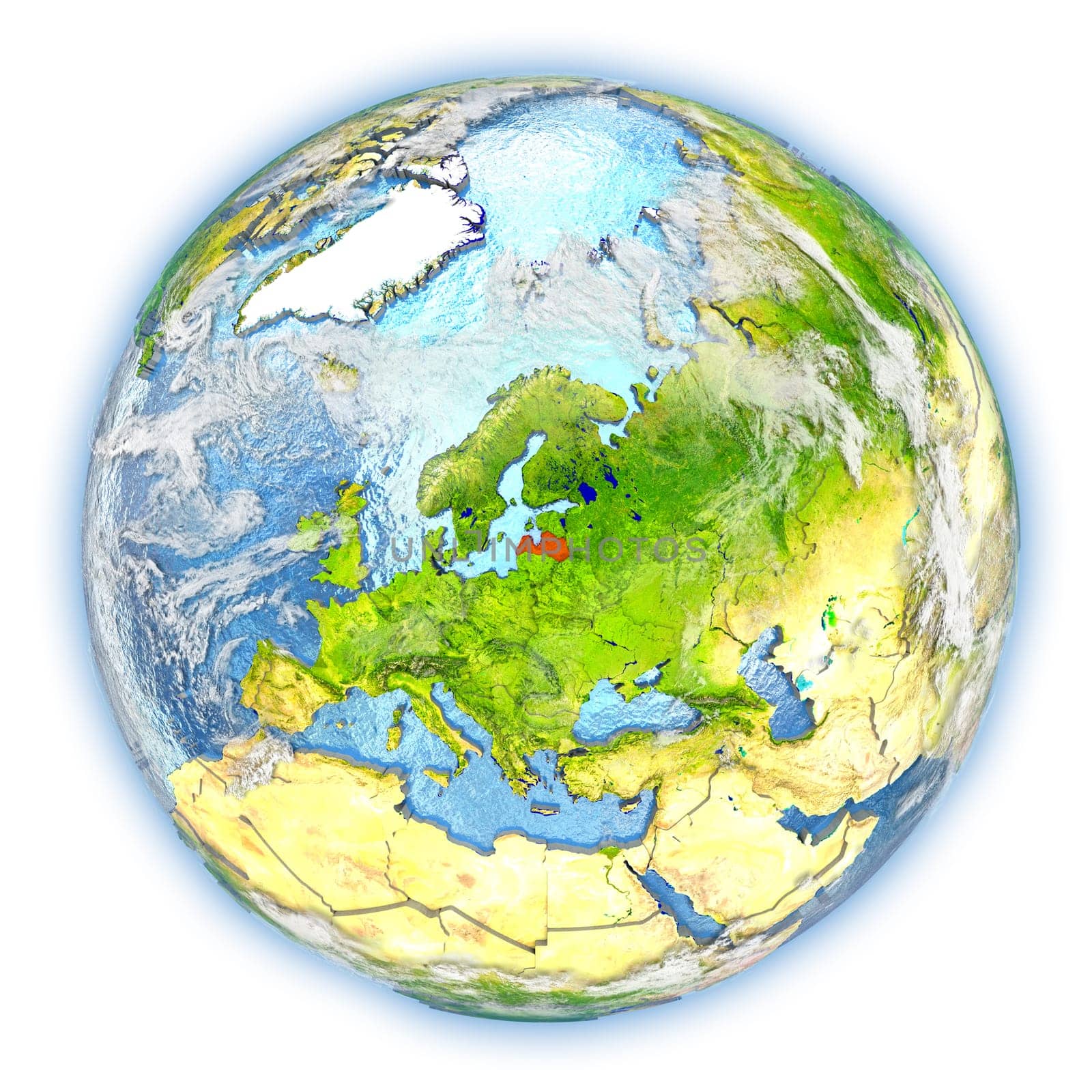 Latvia highlighted in red on planet Earth. 3D illustration isolated on white background. Elements of this image furnished by NASA.
