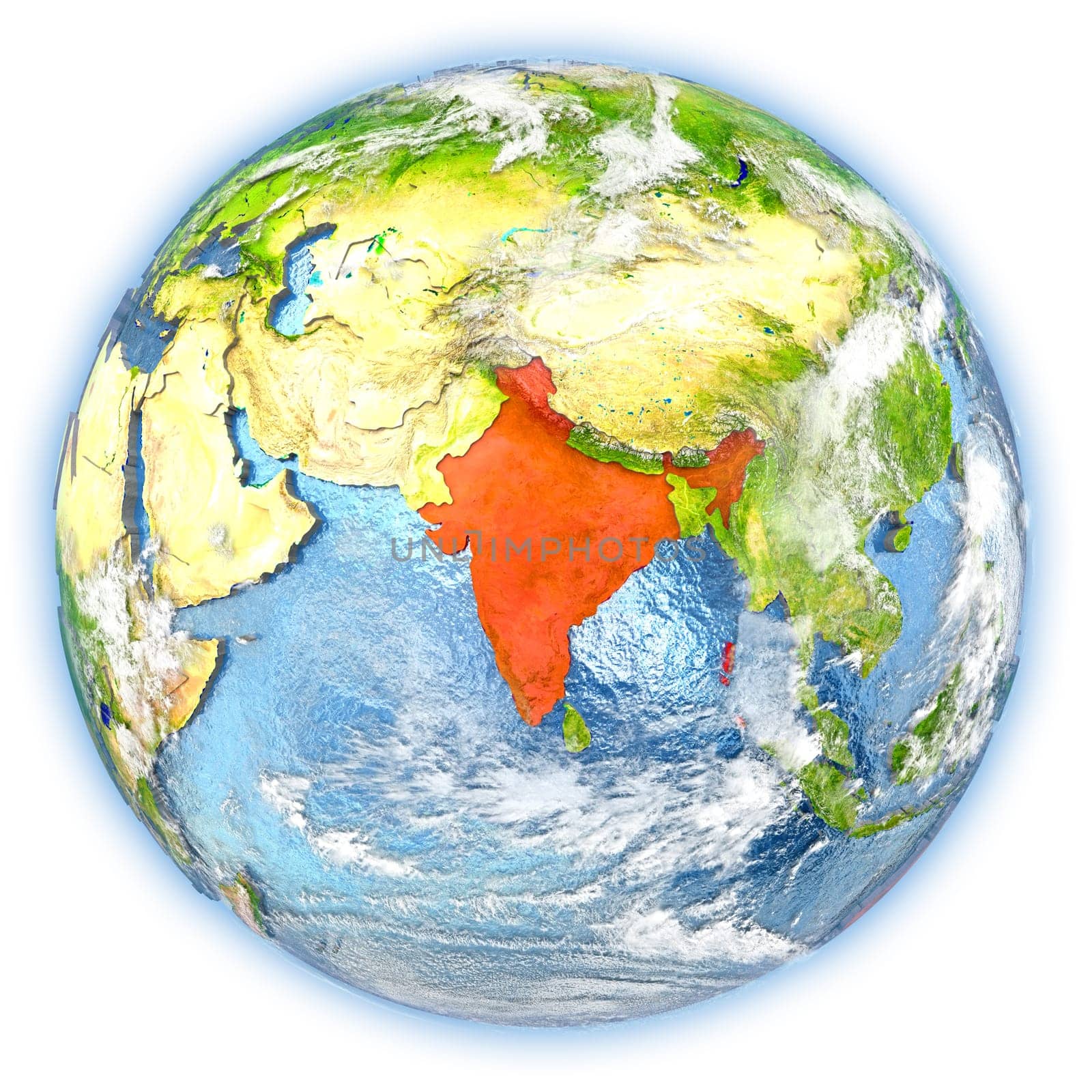 India highlighted in red on planet Earth. 3D illustration isolated on white background. Elements of this image furnished by NASA.