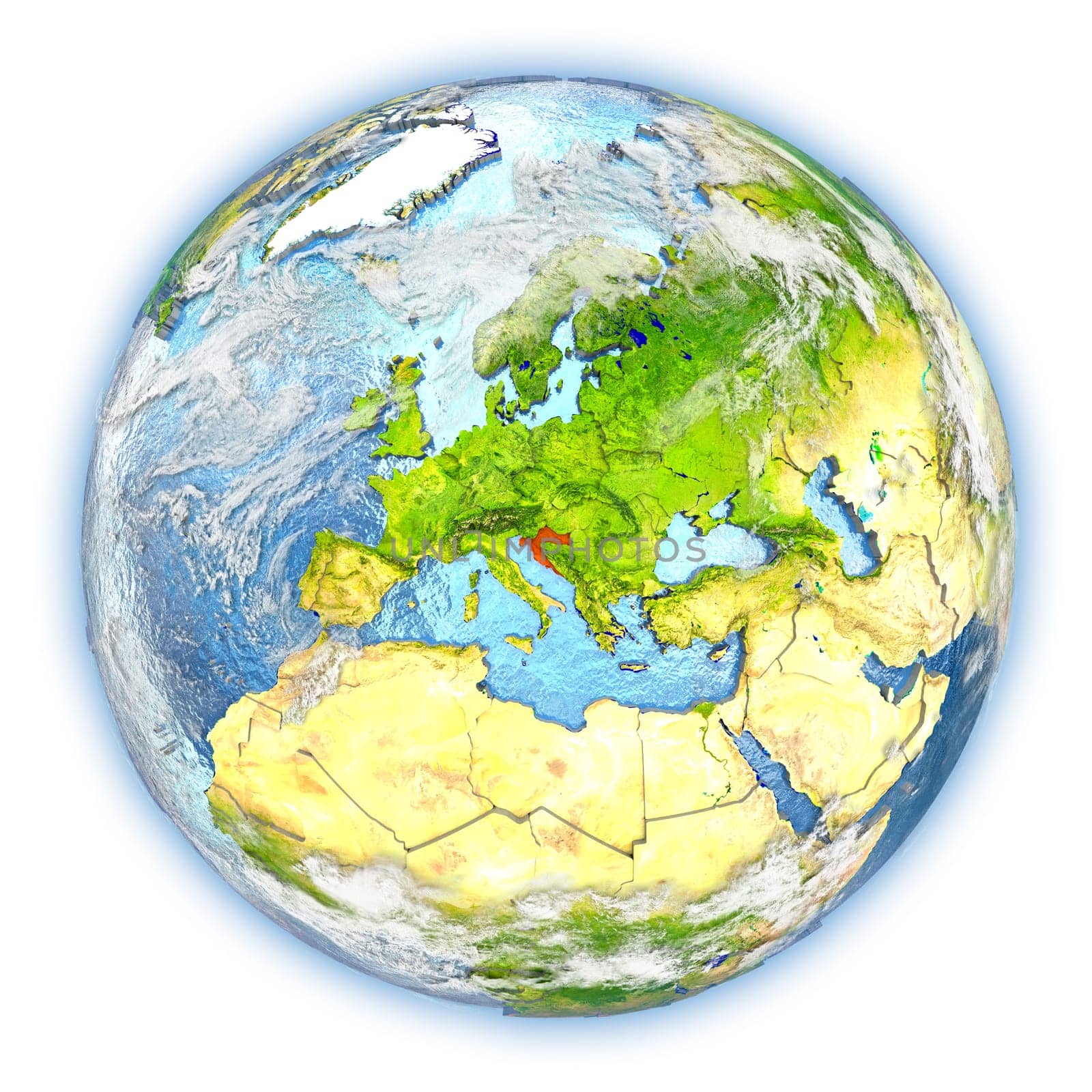 Croatia highlighted in red on planet Earth. 3D illustration isolated on white background. Elements of this image furnished by NASA.