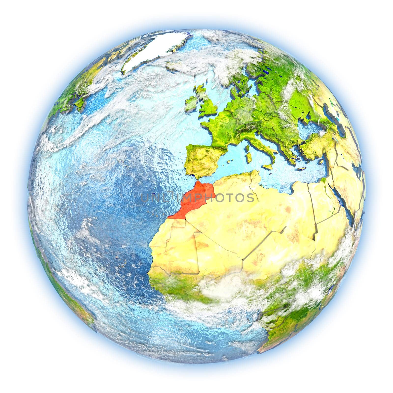 Morocco highlighted in red on planet Earth. 3D illustration isolated on white background. Elements of this image furnished by NASA.