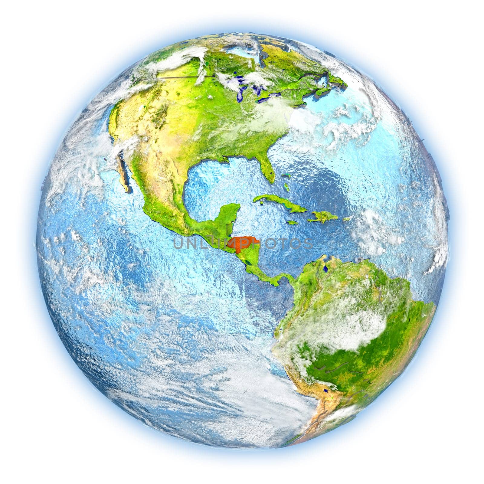 Honduras highlighted in red on planet Earth. 3D illustration isolated on white background. Elements of this image furnished by NASA.