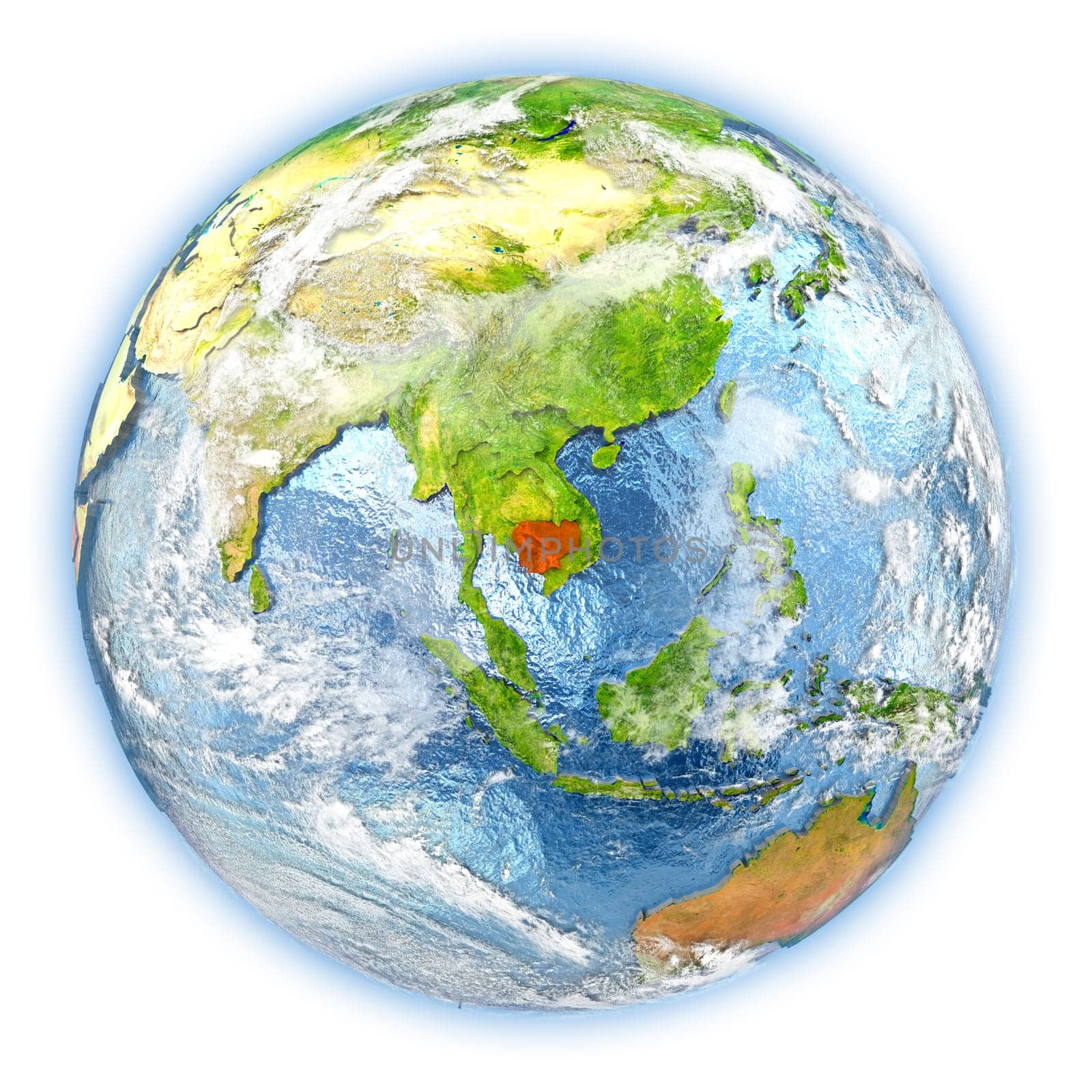 Cambodia highlighted in red on planet Earth. 3D illustration isolated on white background. Elements of this image furnished by NASA.