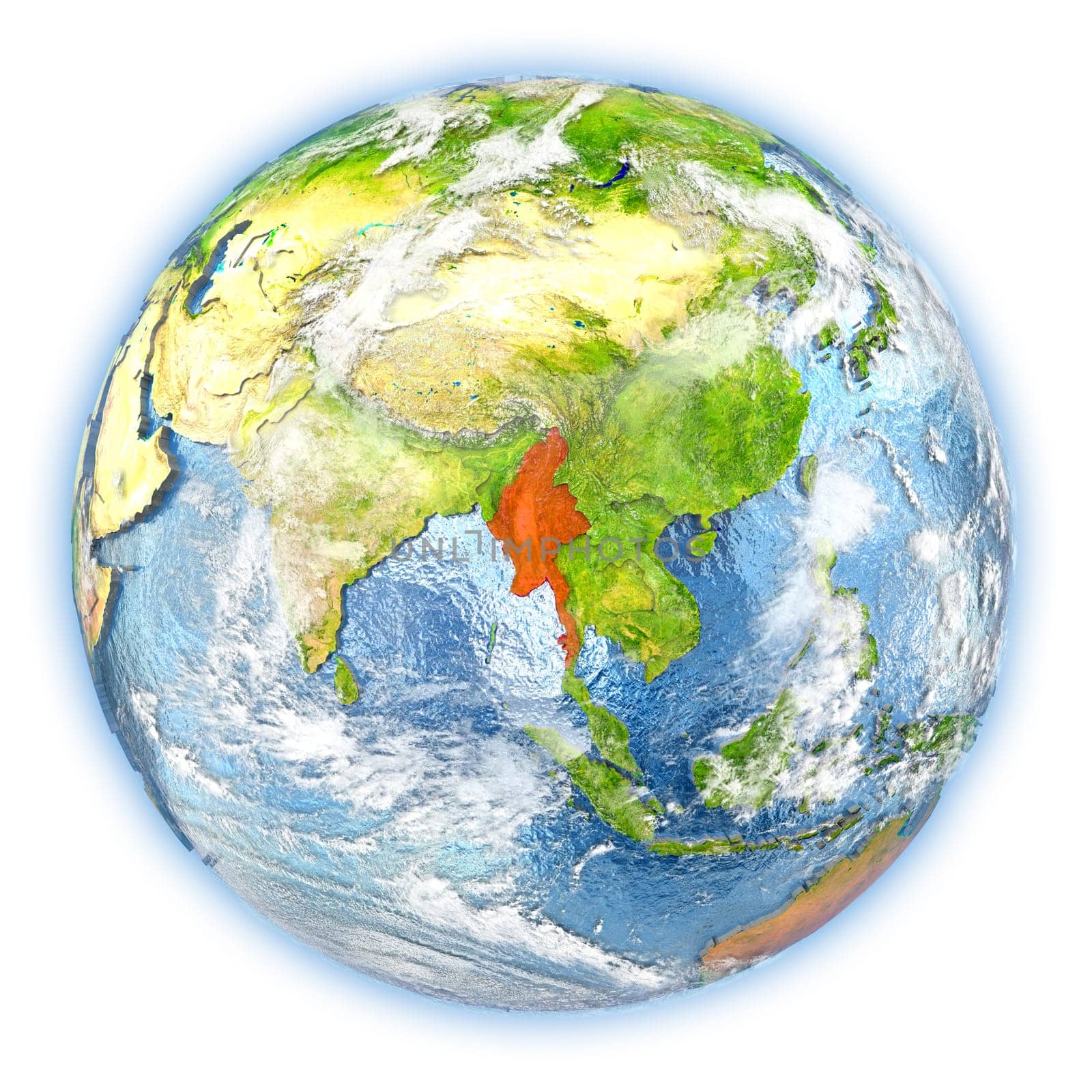 Myanmar highlighted in red on planet Earth. 3D illustration isolated on white background. Elements of this image furnished by NASA.