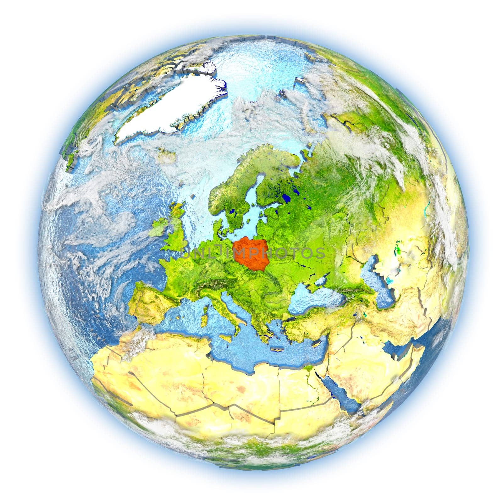 Poland highlighted in red on planet Earth. 3D illustration isolated on white background. Elements of this image furnished by NASA.