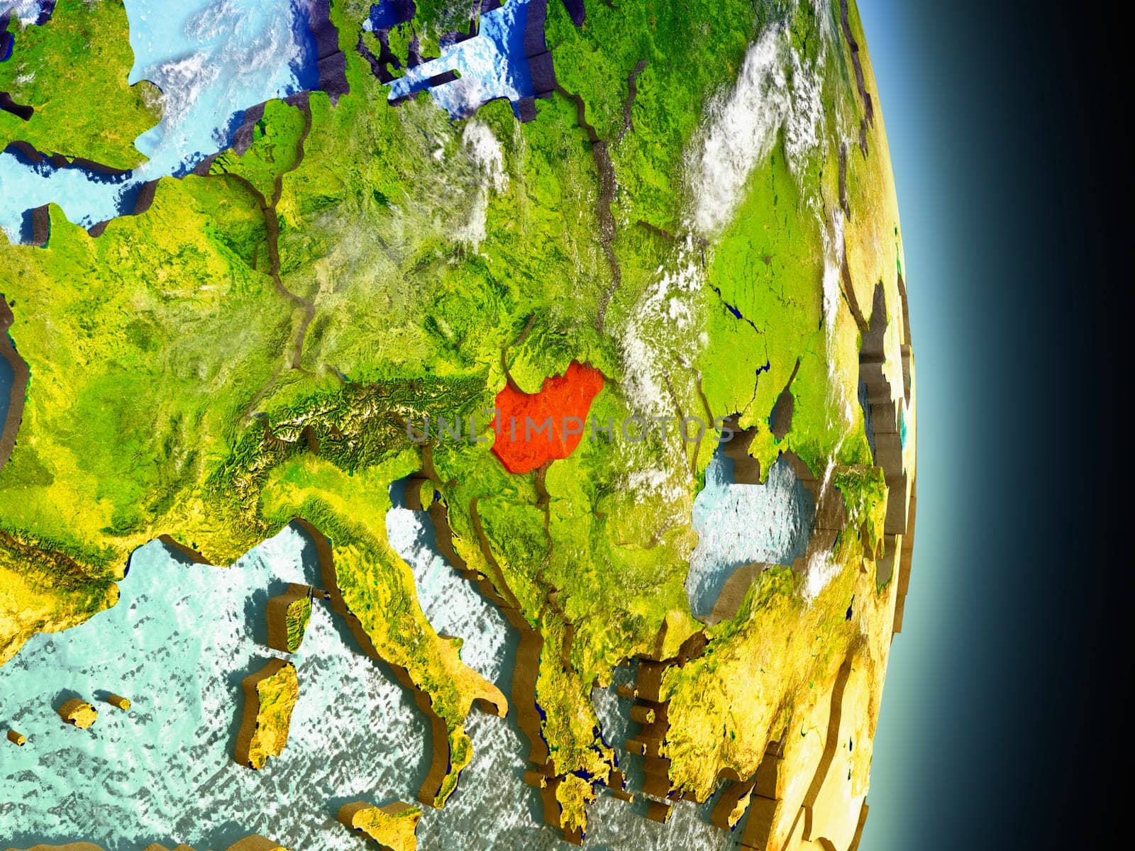 Model of Hungary from Earth's orbit in space. 3D illustration with highly detailed realistic planet surface and clouds in the atmosphere. Elements of this image furnished by NASA.