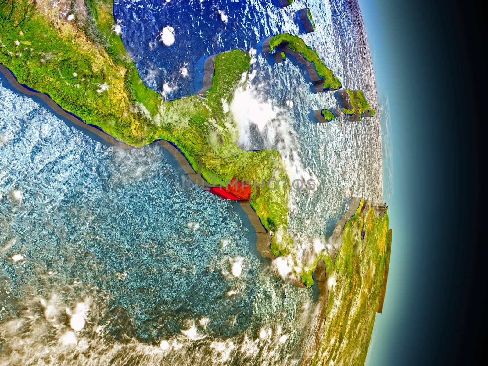 Model of El Salvador from Earth's orbit in space. 3D illustration with highly detailed realistic planet surface and clouds in the atmosphere. Elements of this image furnished by NASA.
