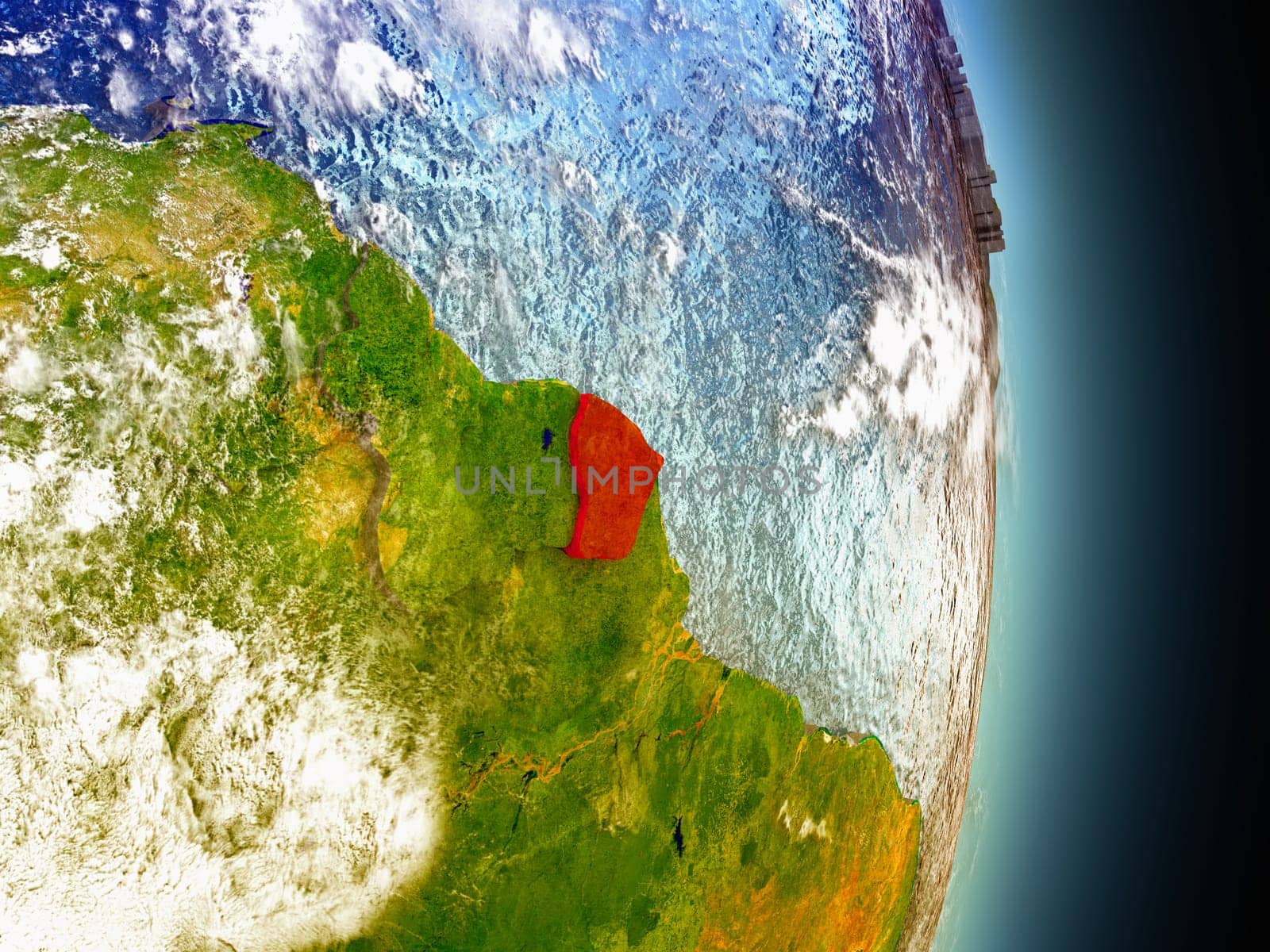 Model of French Guiana from Earth's orbit in space. 3D illustration with highly detailed realistic planet surface and clouds in the atmosphere. Elements of this image furnished by NASA.
