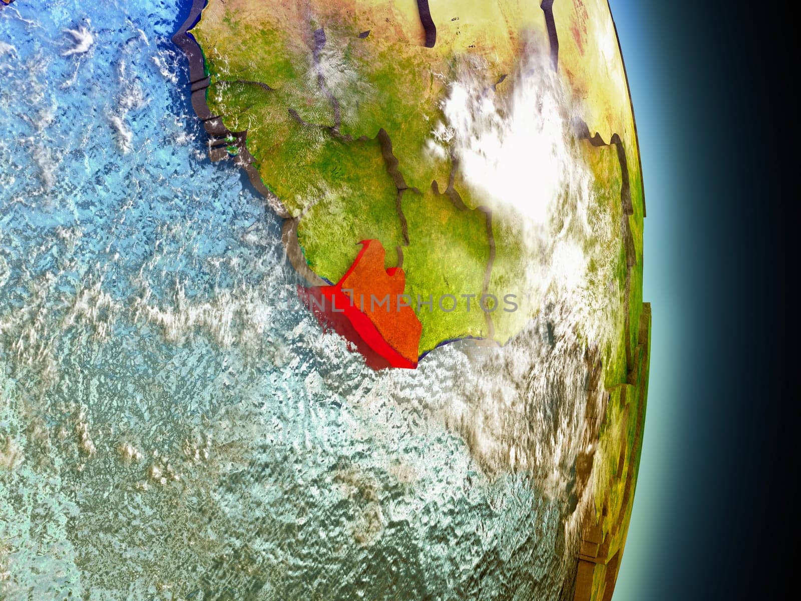 Model of Liberia from Earth's orbit in space. 3D illustration with highly detailed realistic planet surface and clouds in the atmosphere. Elements of this image furnished by NASA.