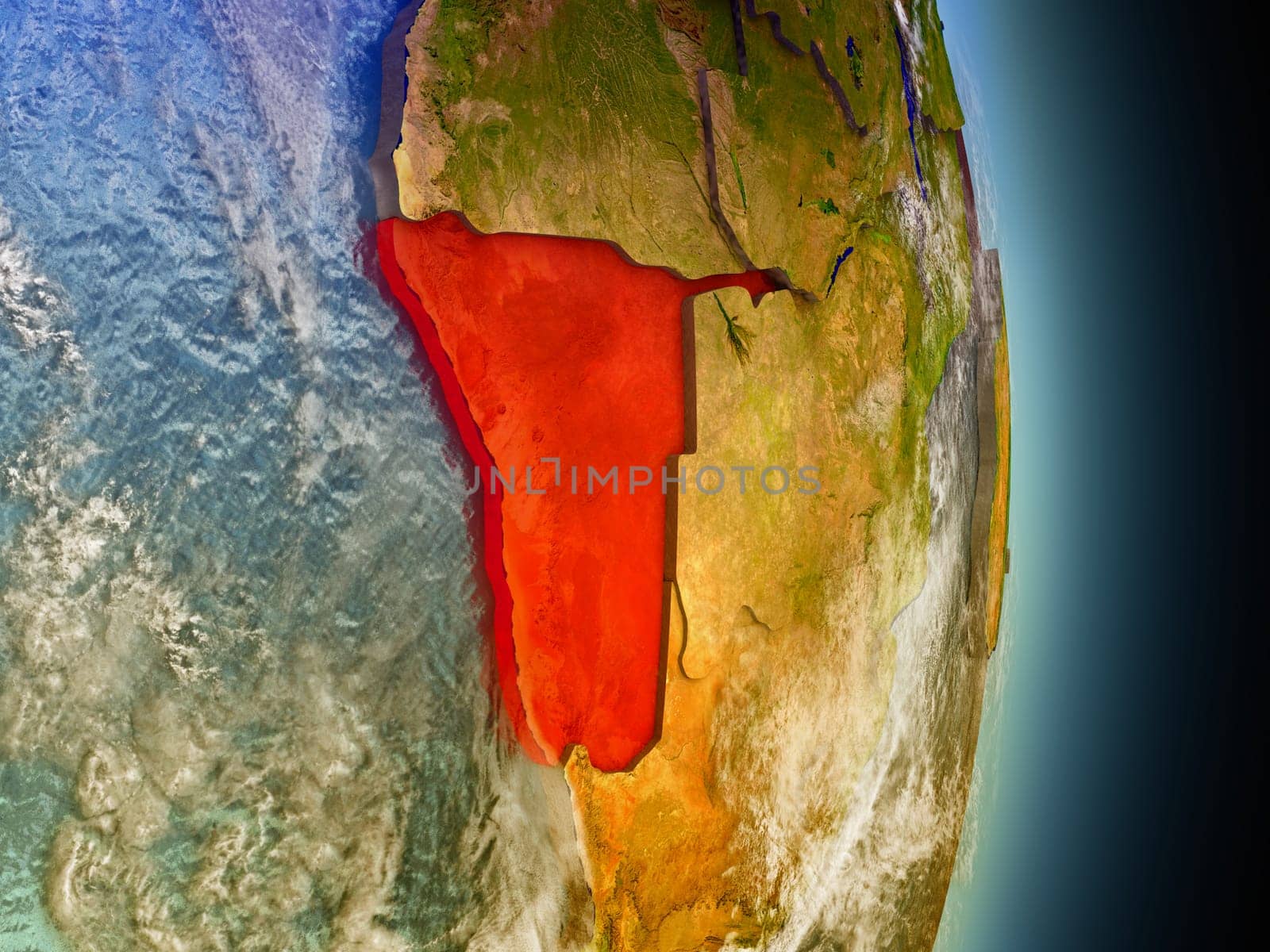 Model of Namibia from Earth's orbit in space. 3D illustration with highly detailed realistic planet surface and clouds in the atmosphere. Elements of this image furnished by NASA.