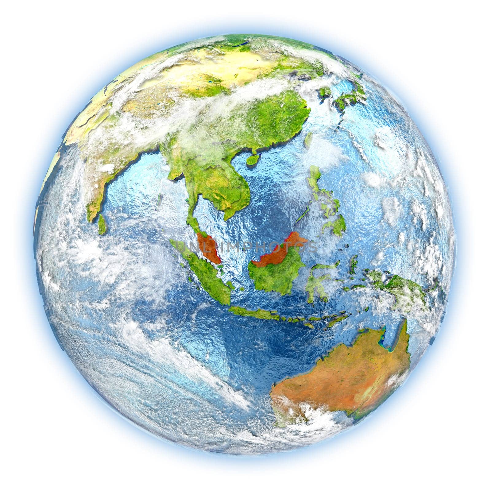 Malaysia highlighted in red on planet Earth. 3D illustration isolated on white background. Elements of this image furnished by NASA.