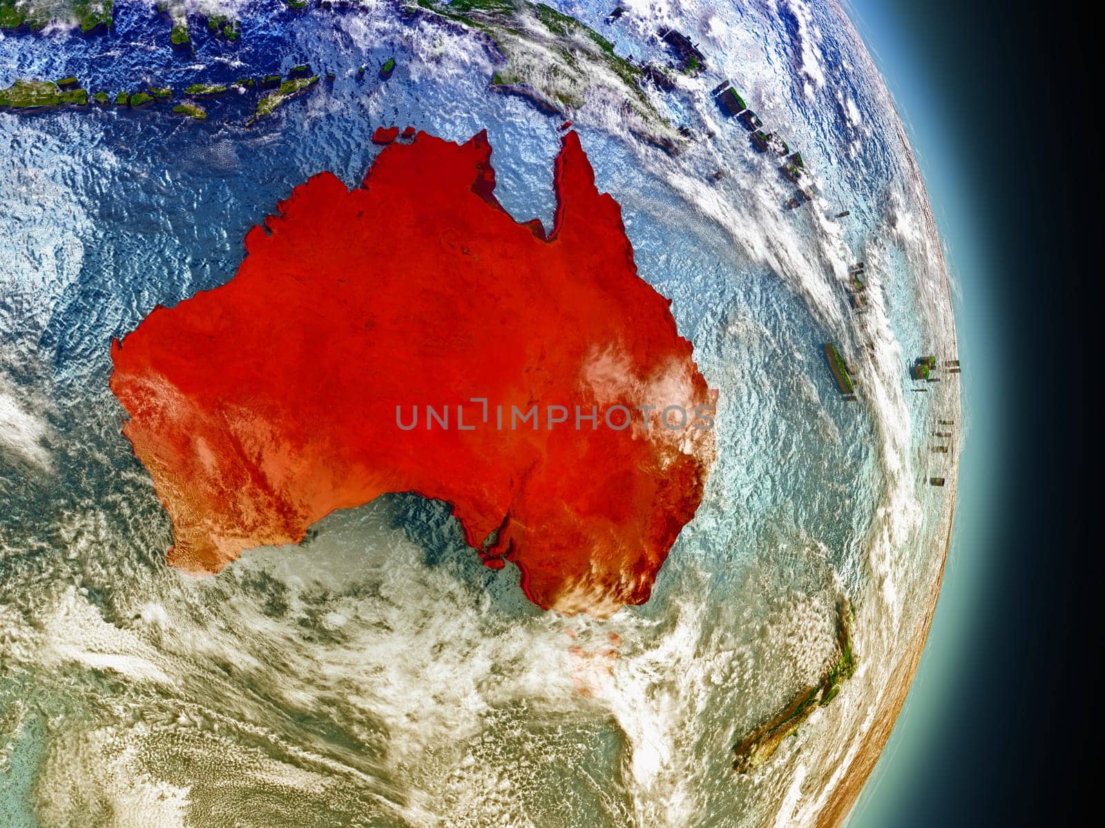 Model of Australia from Earth's orbit in space. 3D illustration with highly detailed realistic planet surface and clouds in the atmosphere. Elements of this image furnished by NASA.