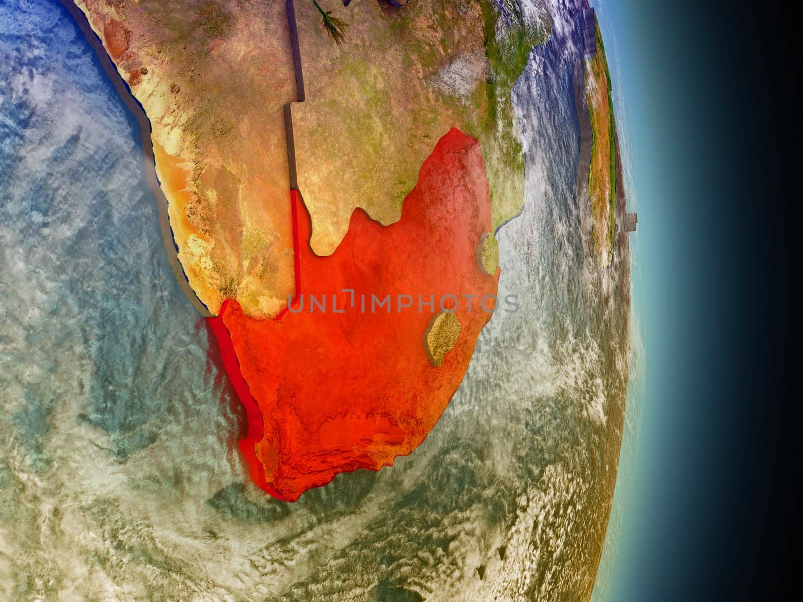 Model of South Africa from Earth's orbit in space. 3D illustration with highly detailed realistic planet surface and clouds in the atmosphere. Elements of this image furnished by NASA.