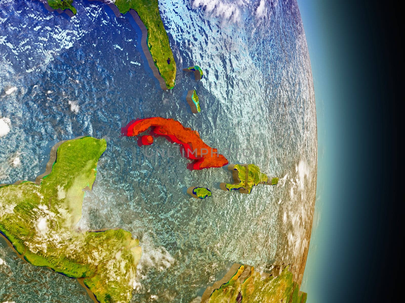 Model of Cuba from Earth's orbit in space. 3D illustration with highly detailed realistic planet surface and clouds in the atmosphere. Elements of this image furnished by NASA.