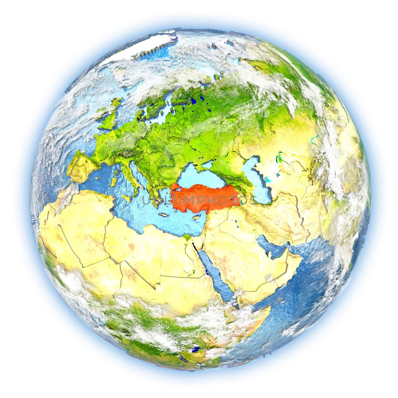 Turkey highlighted in red on planet Earth. 3D illustration isolated on white background. Elements of this image furnished by NASA.